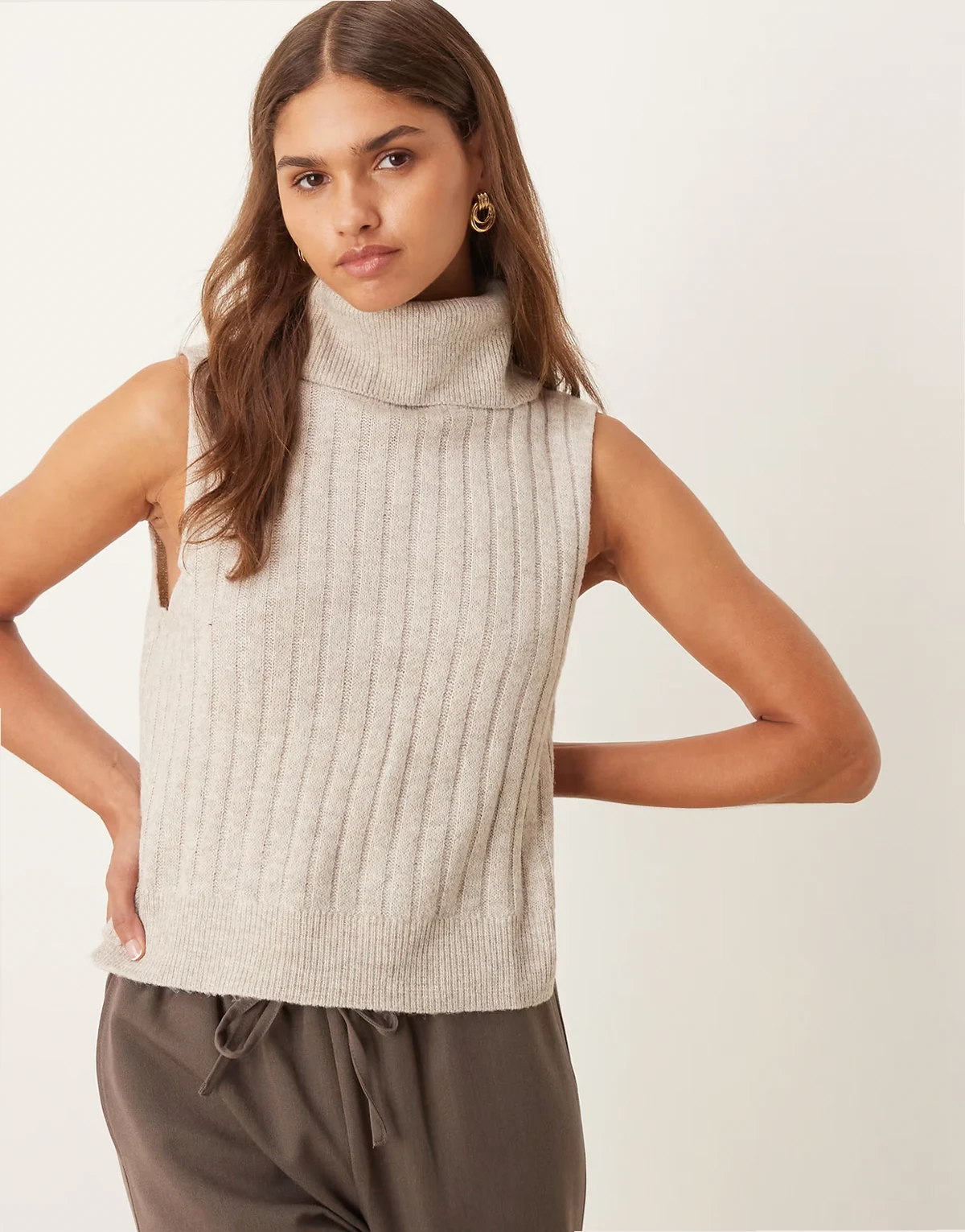 ribbed high neck knit vest in natural melange