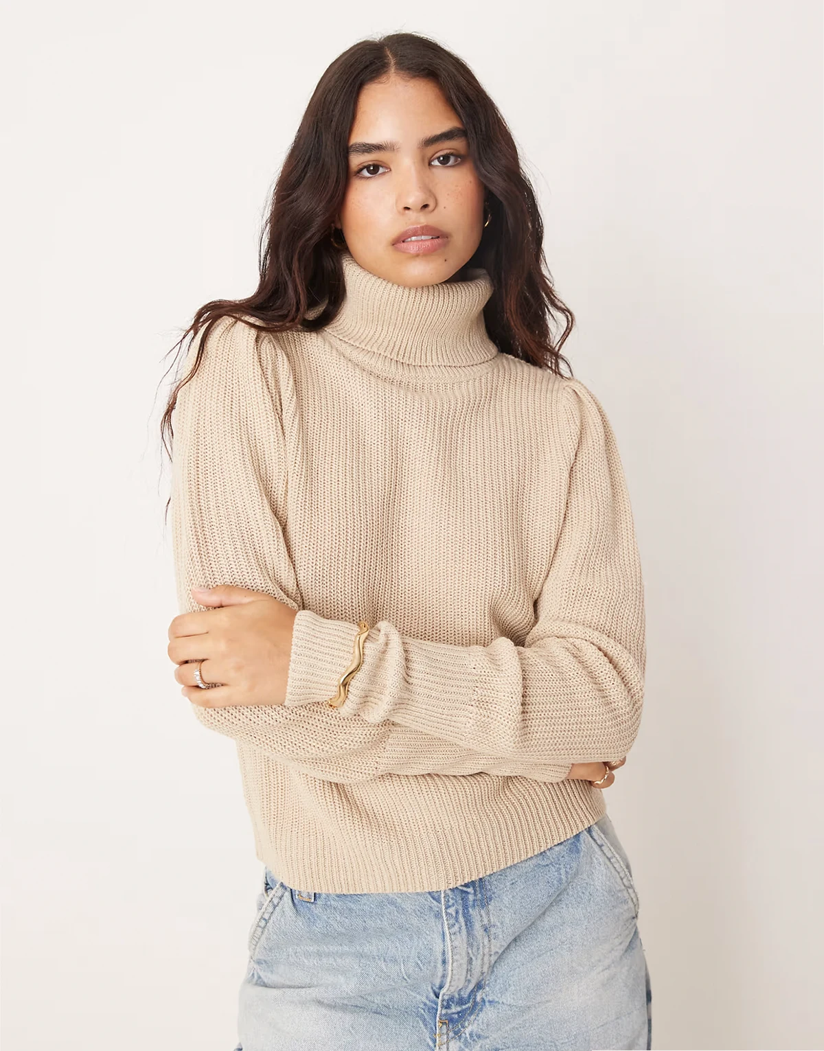 roll neck knit sweater in beige