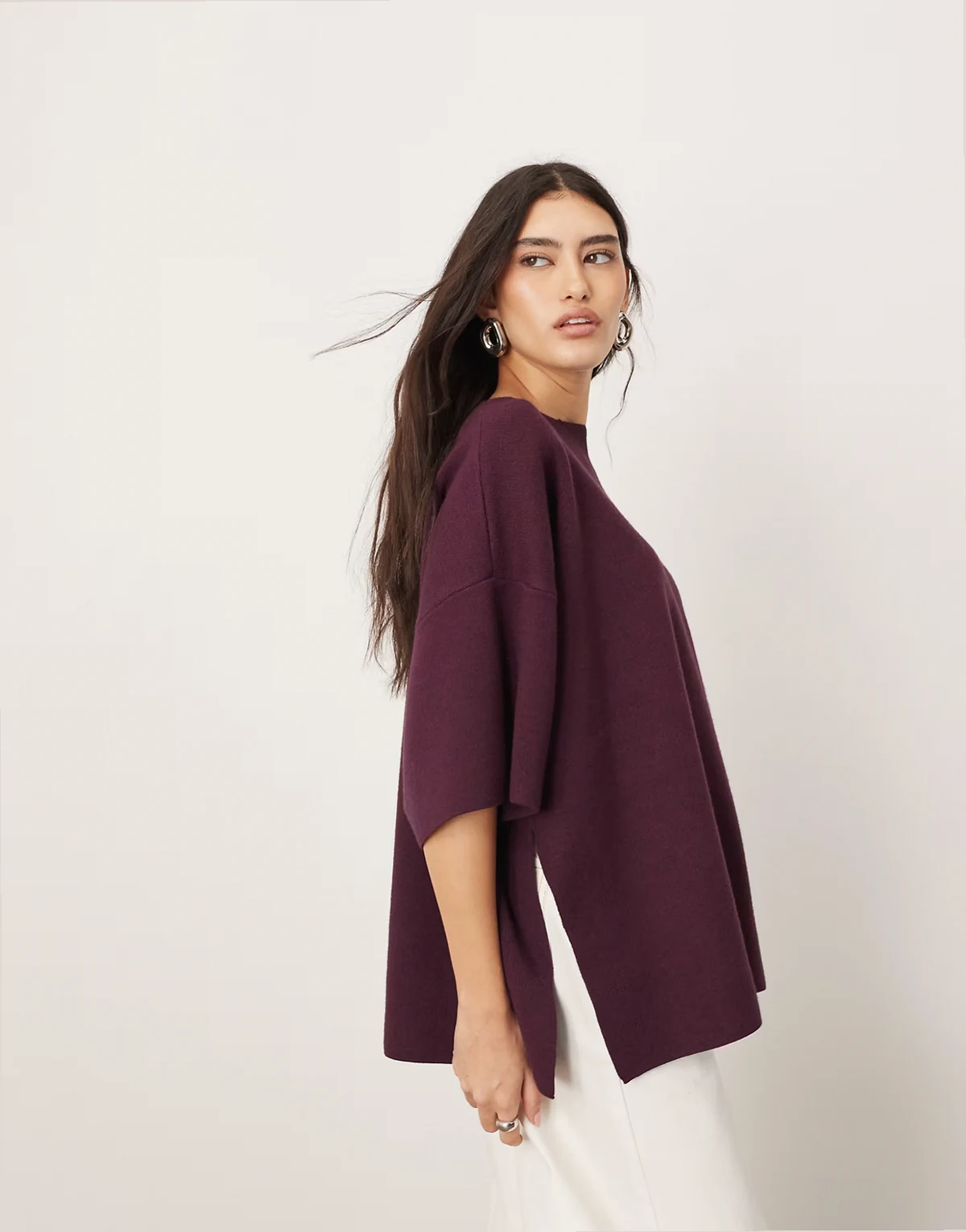 Premium – Bordowy T-shirt oversize z dzianiny o gęstym splocie