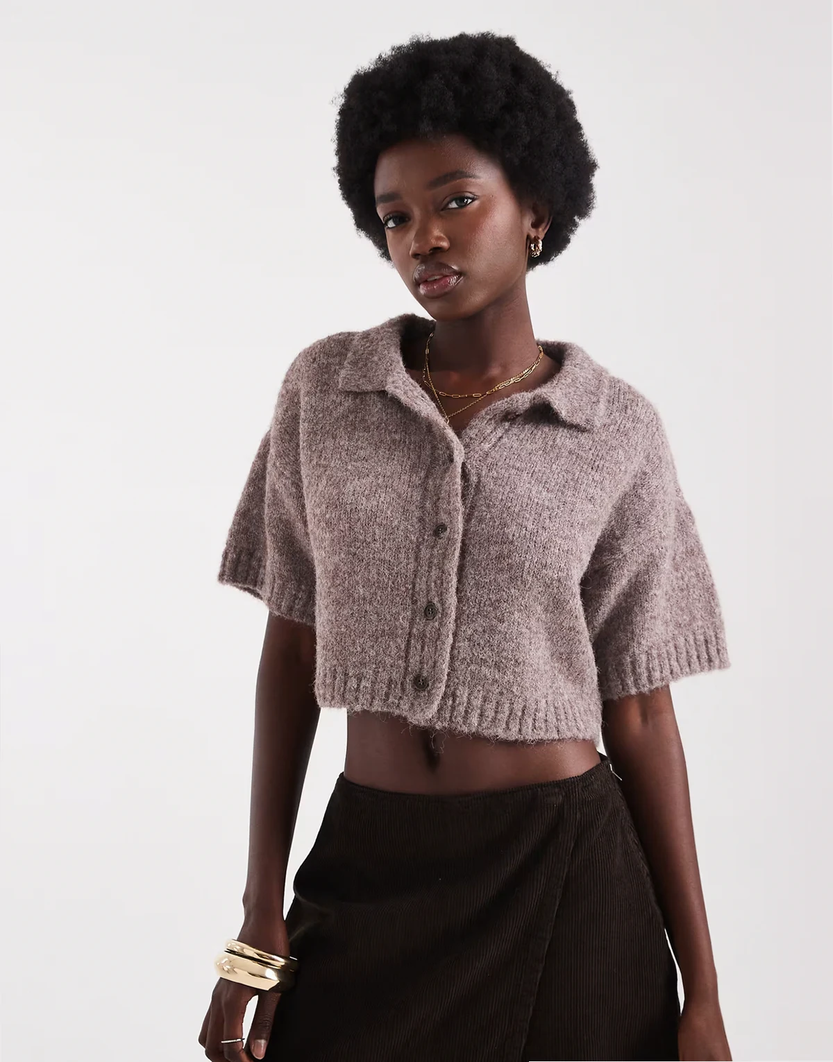 cropped short sleeve cardigan in muted brown