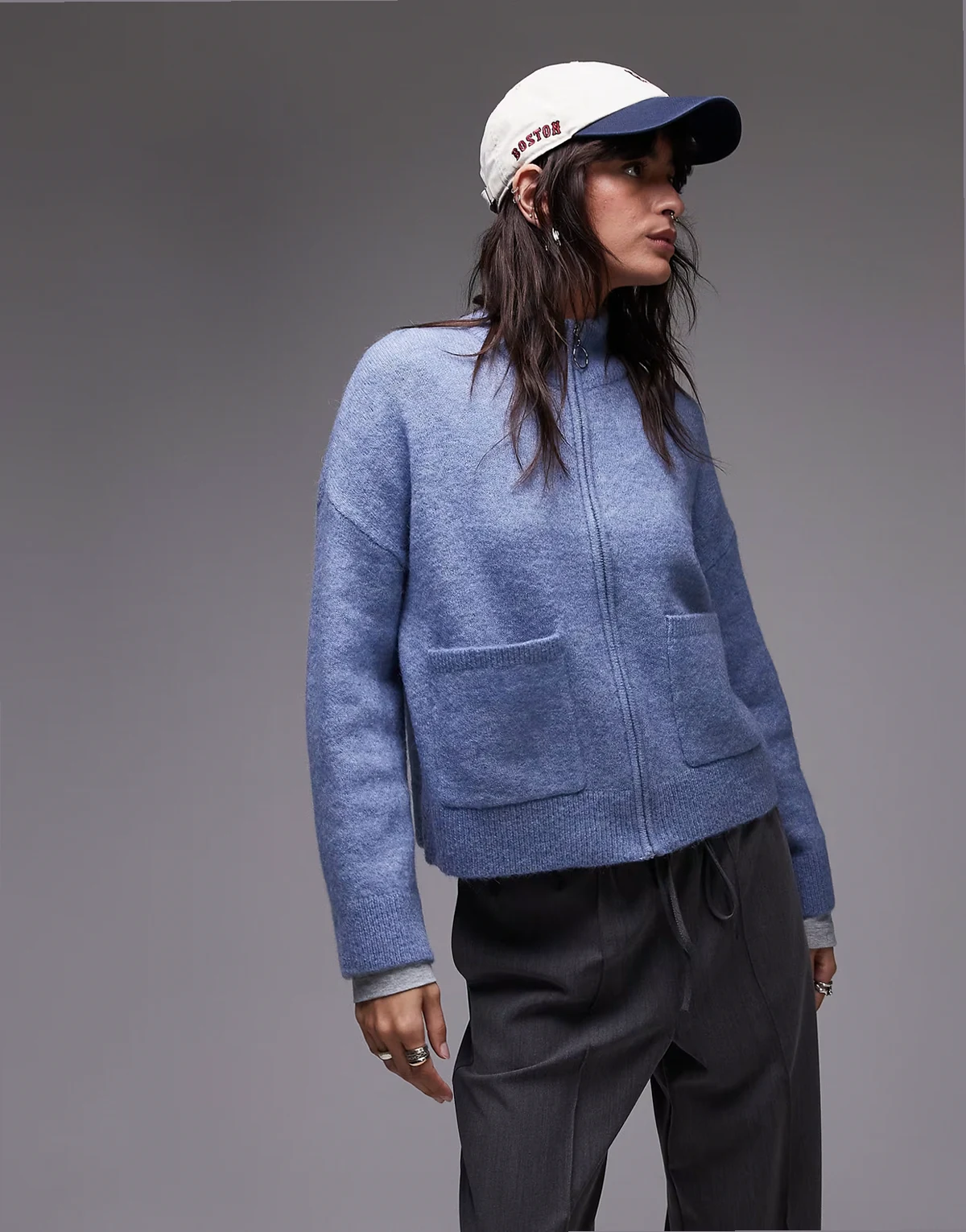 zip up alpaca blend fluffy cardigan with pockets in blue