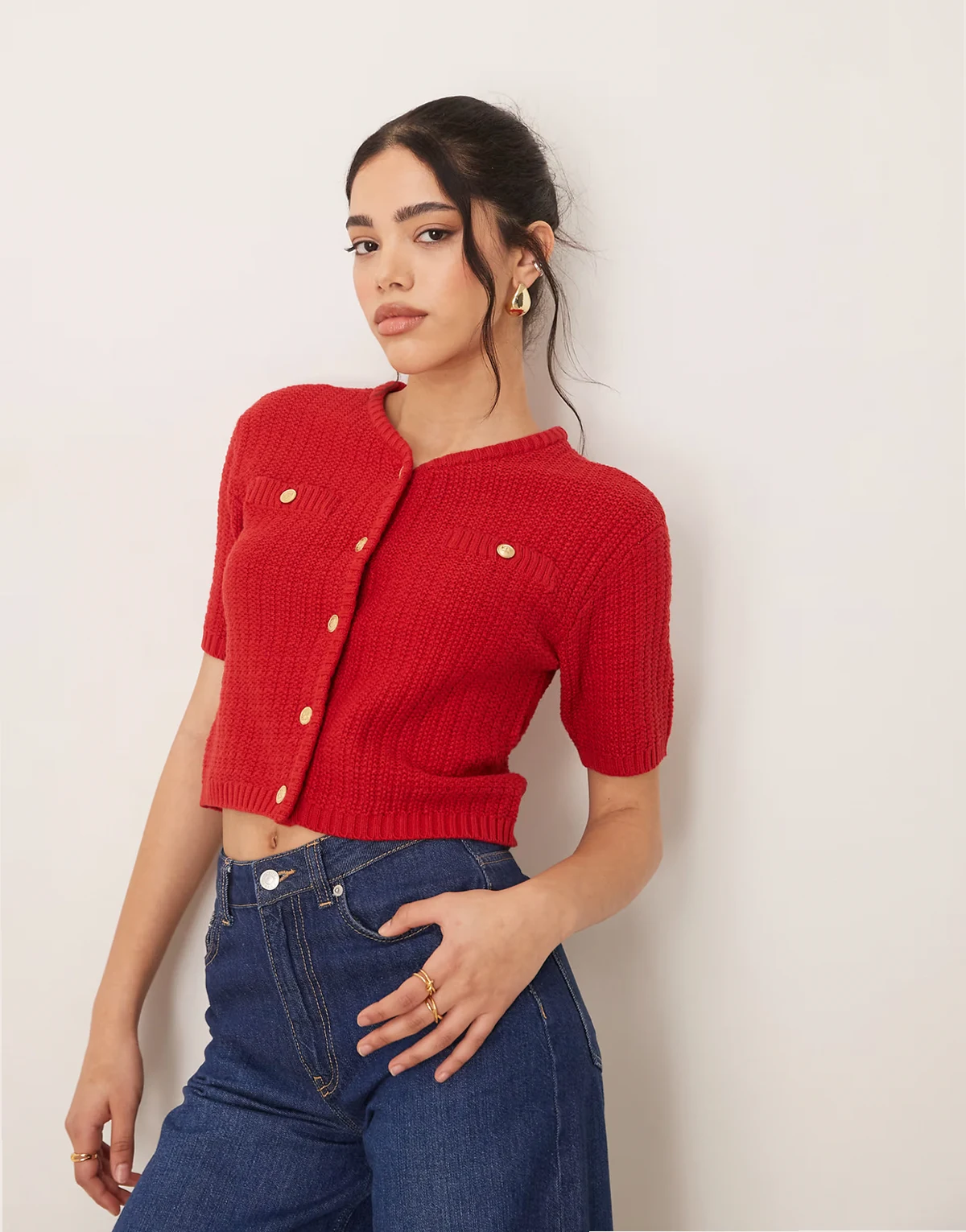 short sleeve boucle knit cardigan style top in red