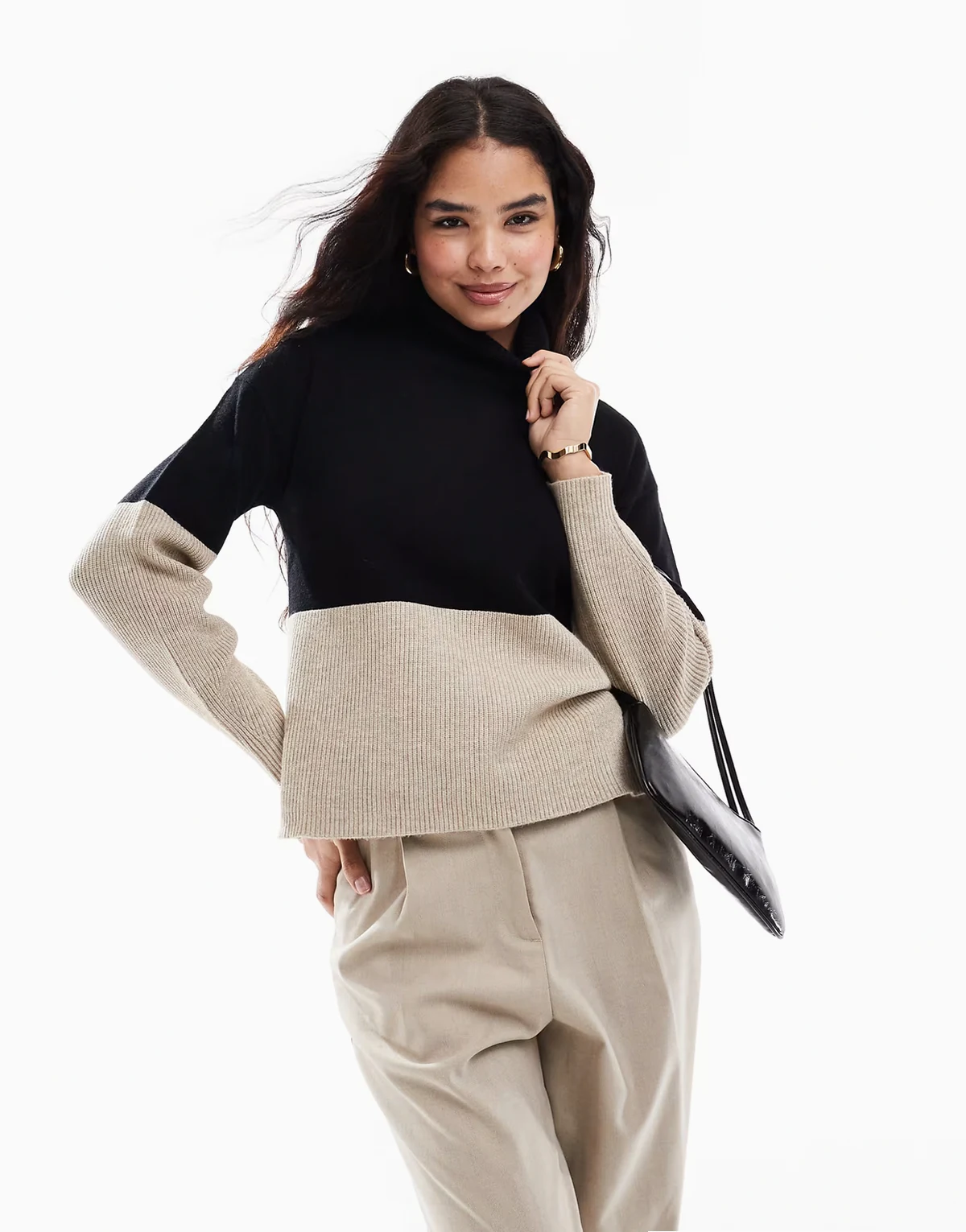 high neck color block sweater in black and neutral