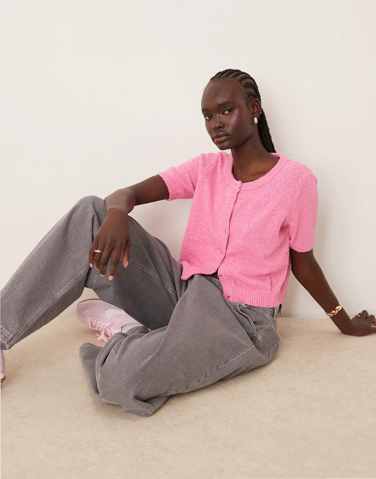 fluffy knit short sleeve cardigan style top in bubblegum pink