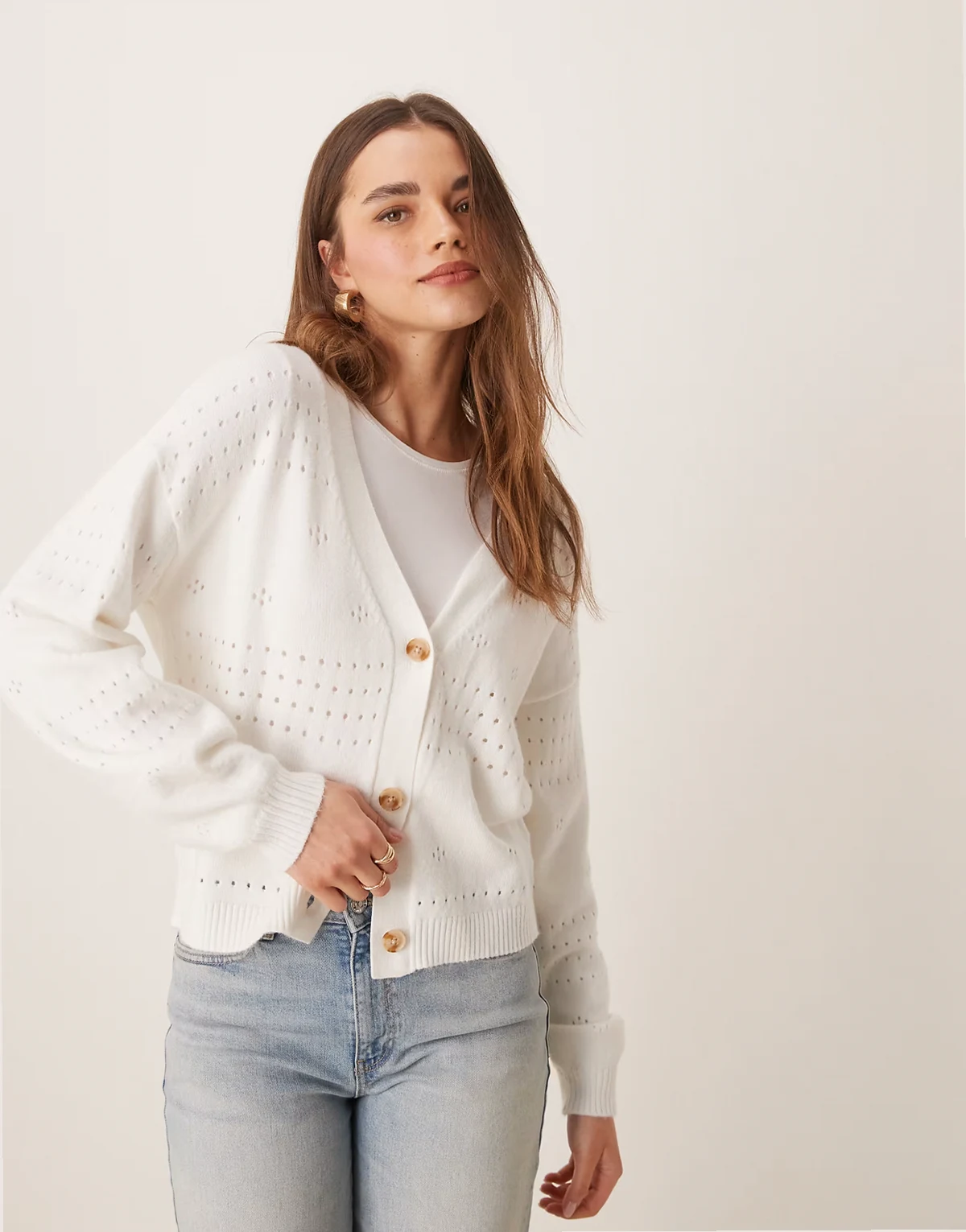 blouson sleeve pattern knitted cardigan in white