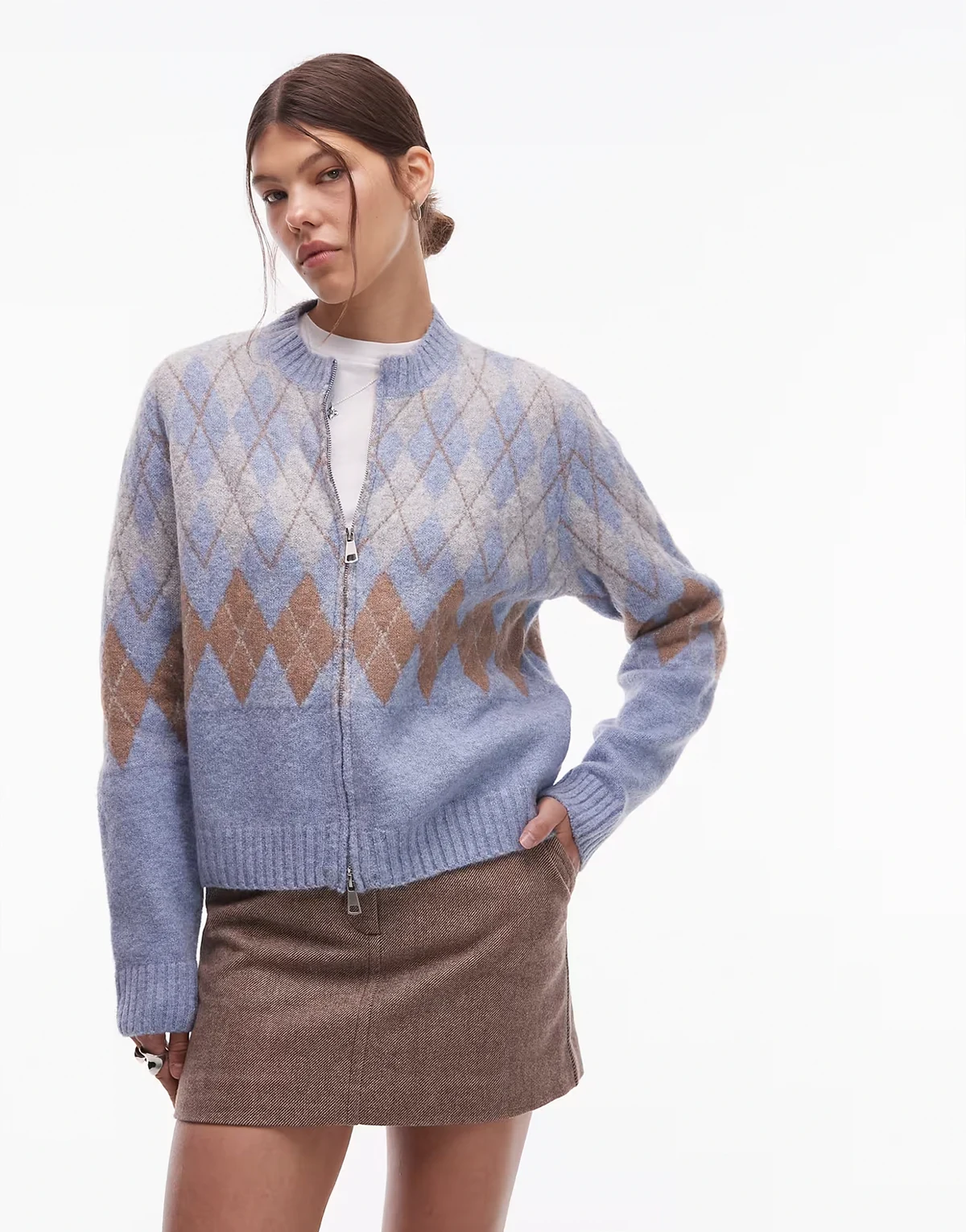 – Strickjacke in Babyblau mit Rautenmuster und Reißverschluss