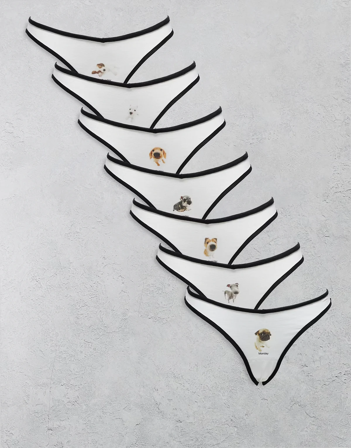 – Zestaw 7 par białych fig z pieskiem i nazwą dnia tygodnia