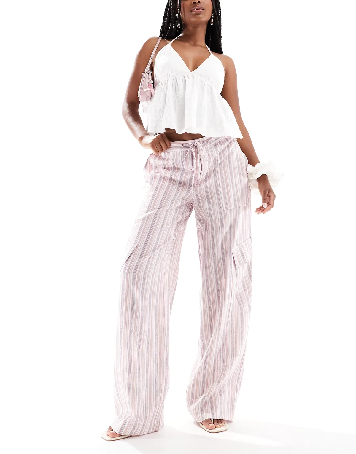Haven utility linen look pants in pink stripe