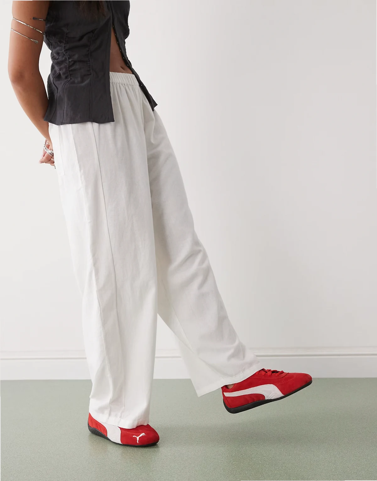 – Gewebte Relaxed-Fit-Ballon-Hose in Weiß mit Leinen