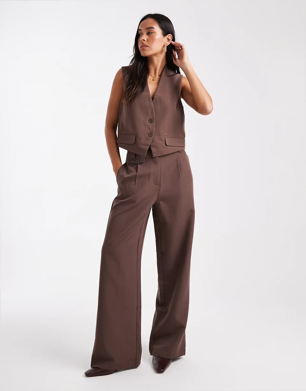 tailored multiway button leg pants in chocolate brown - part of a set