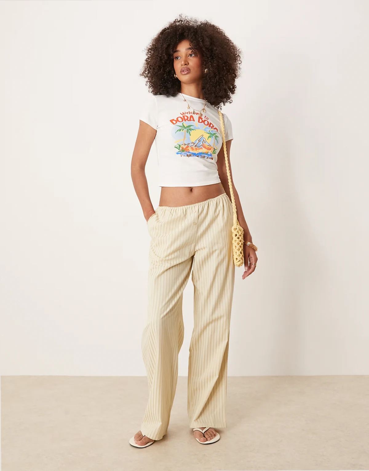 low rise wide leg poplin pants in yellow stripe