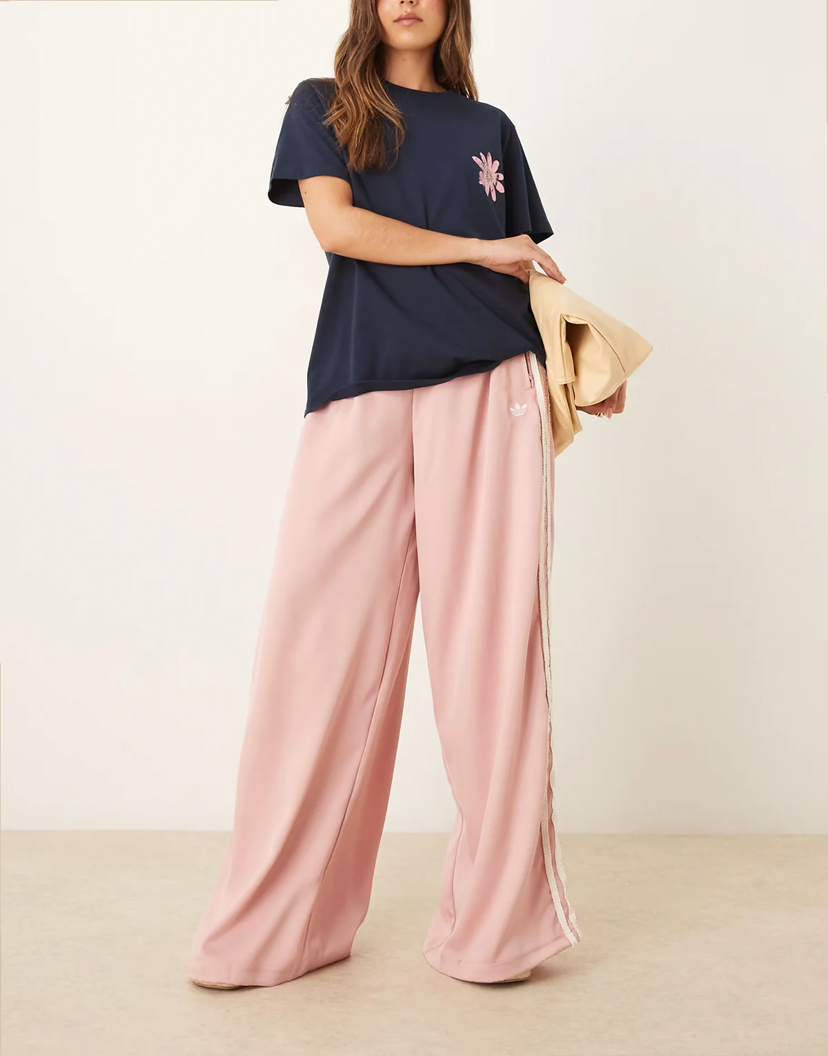Campus wide leg pants with frill detail in light pink