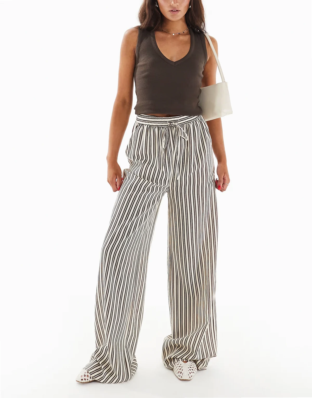 striped wide leg pants in brown and white