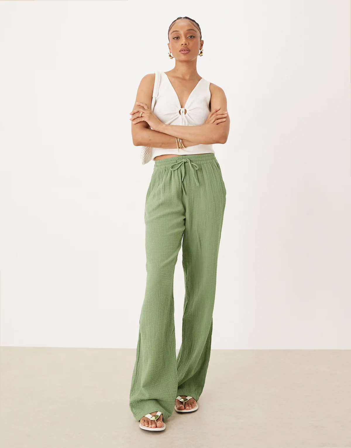 wide leg cheesecloth pants in green