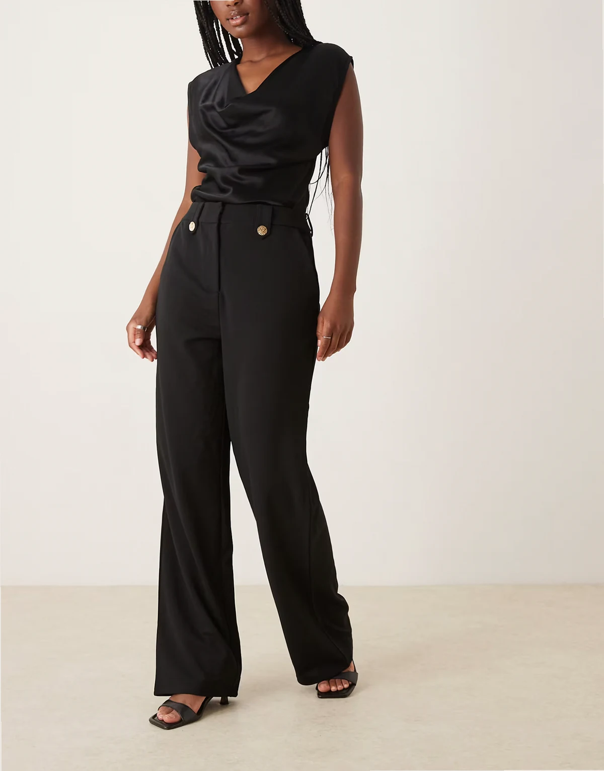 high waisted button detail pants in black