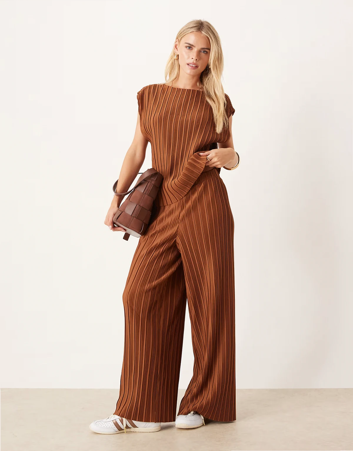 wide leg plisse pants in bronze - part of a set