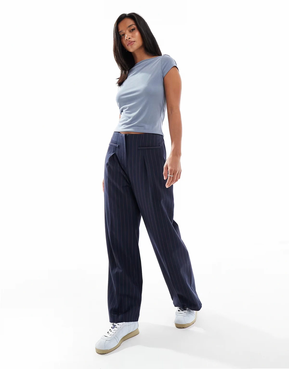 tailored high waist pants in navy pinstripe