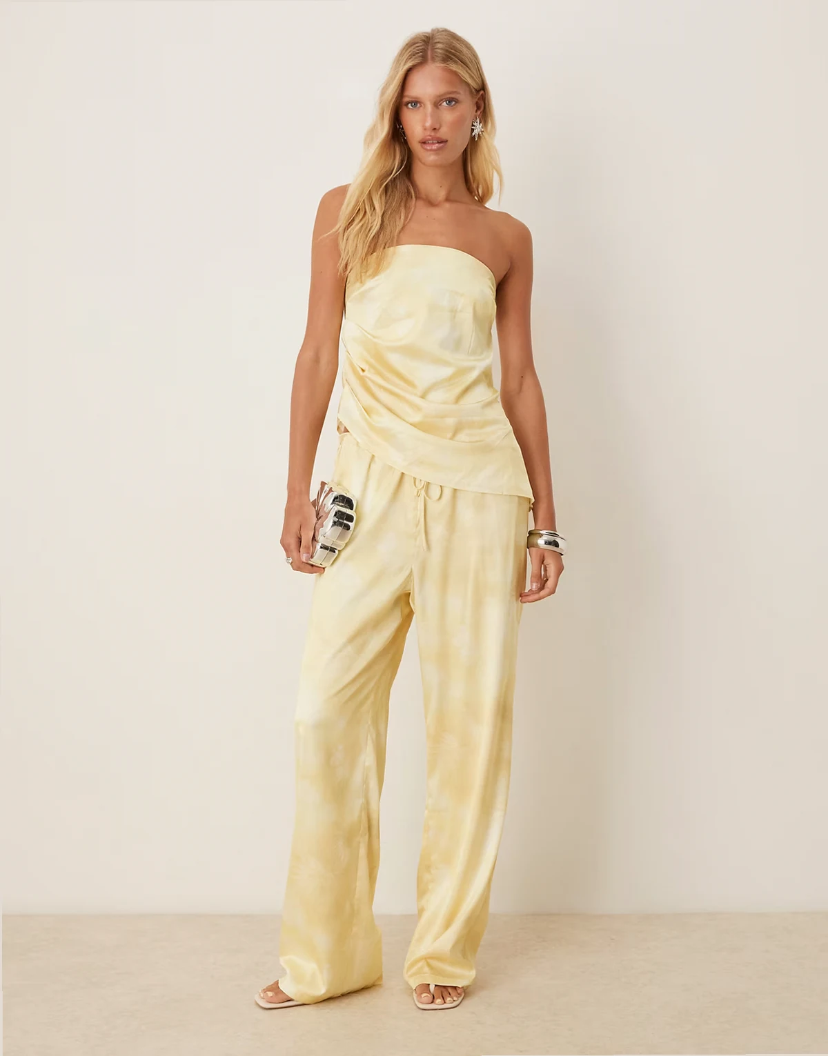 satin drawstring waist wide leg pants in yellow blurred print - part of a set