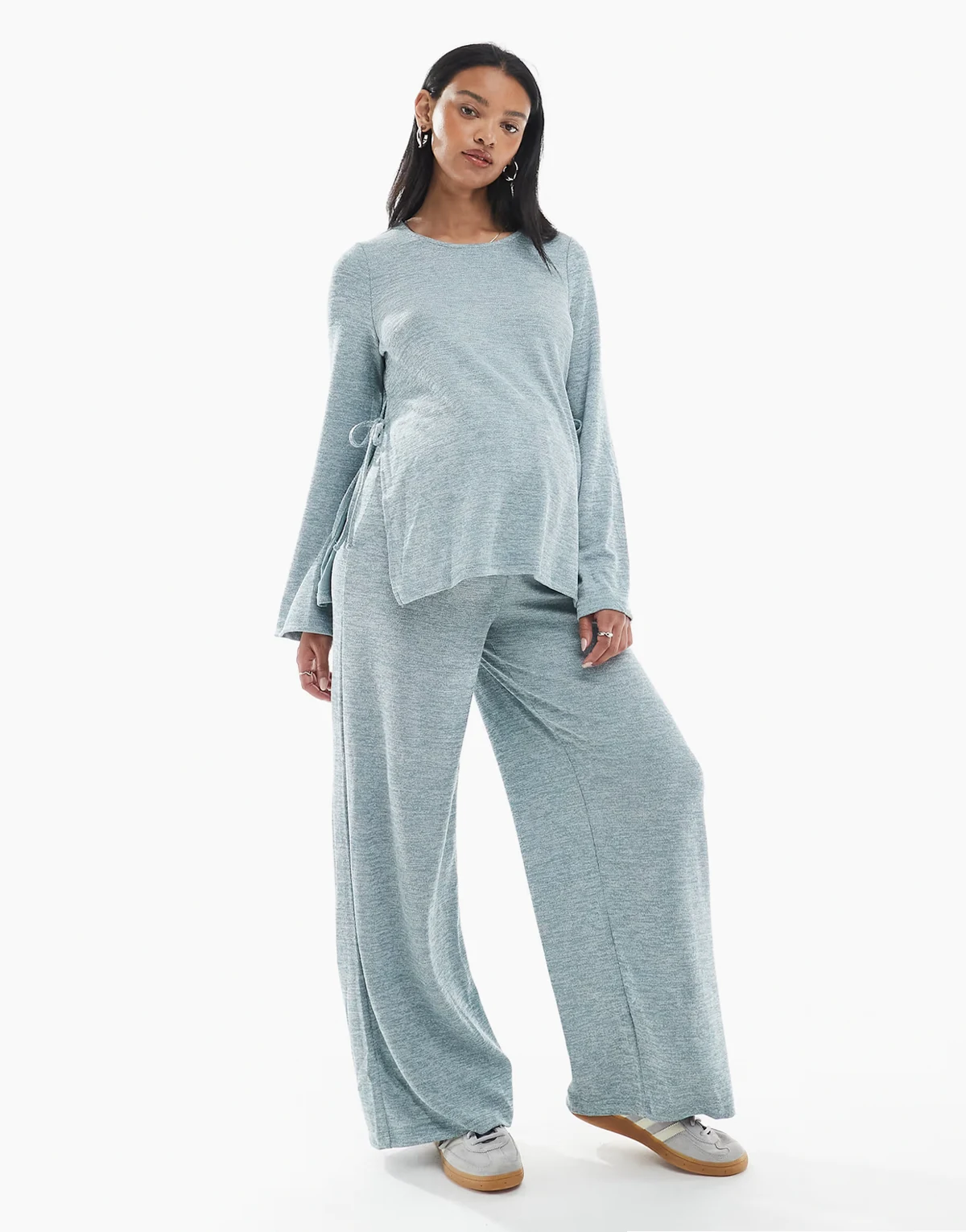 Mamalicious Maternity slubby knit wide leg pants in heathered pale blue - part of a set