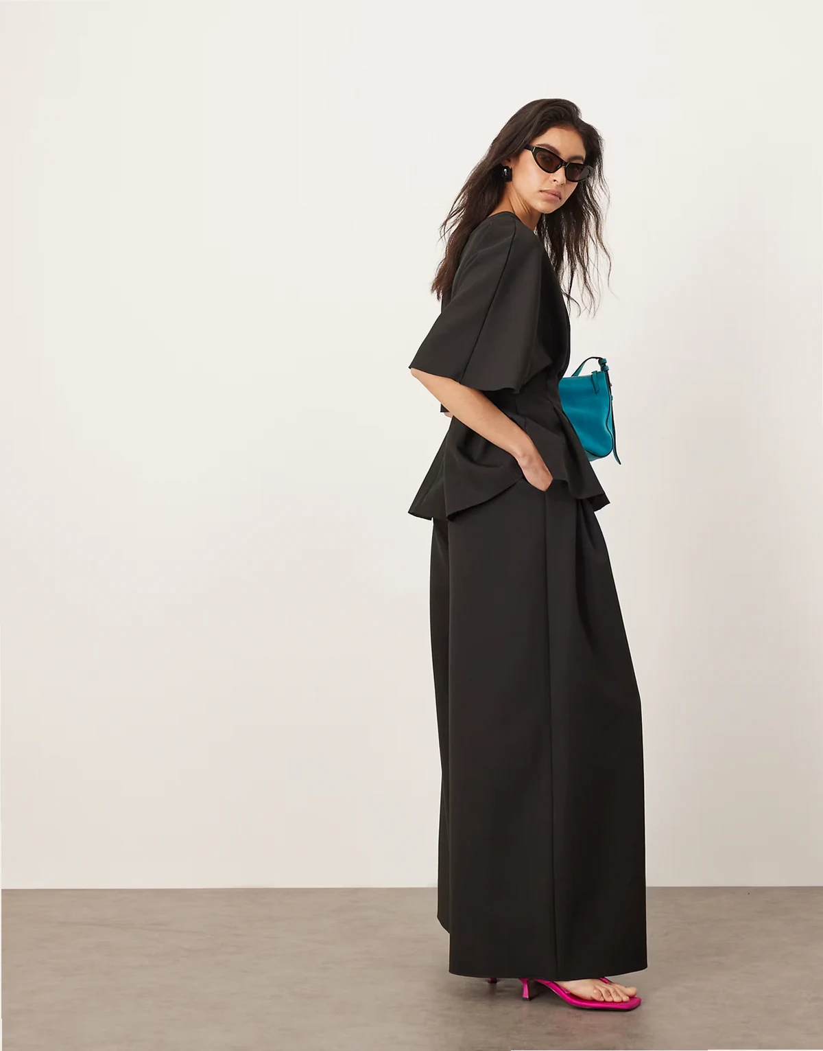 pleated waist tailored wide leg pants in black - part of a set