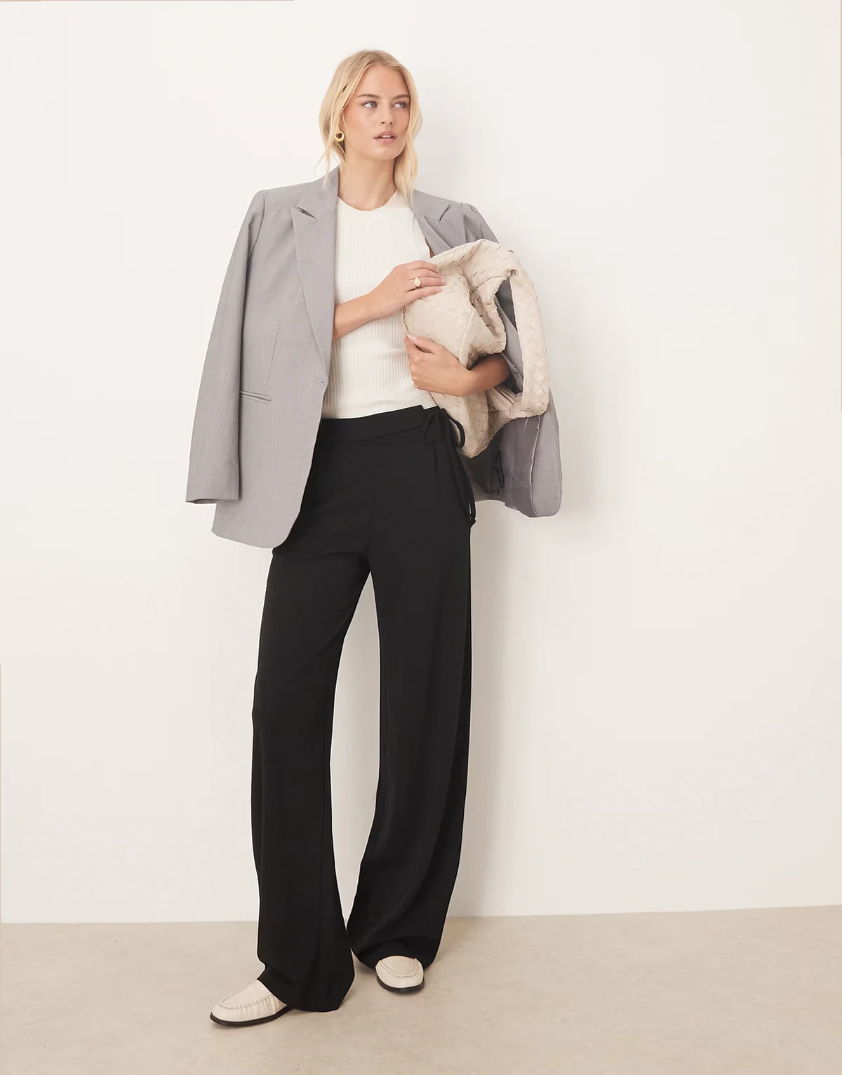 tie detail wide leg pants in black