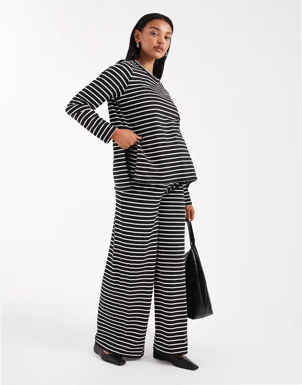 Mamalicious Maternity soft jersey wide leg pants in black and white stripe - part of a set