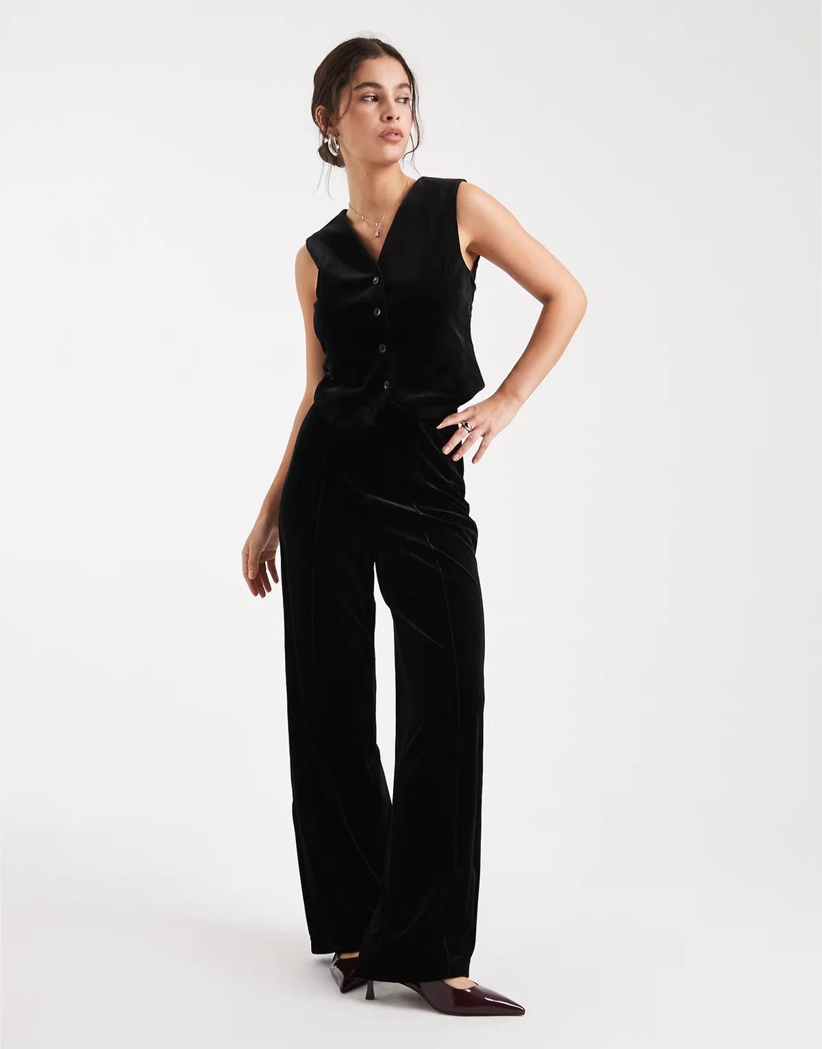 seam front tailored velvet pants in black - part of a set