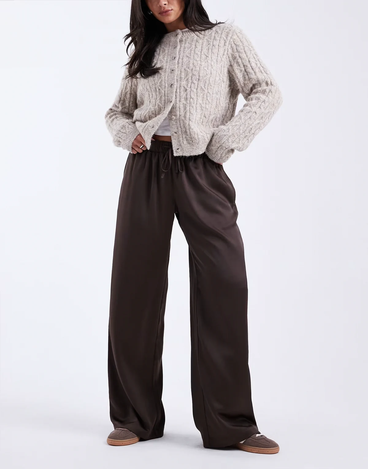 satin style pull on pants in mocha