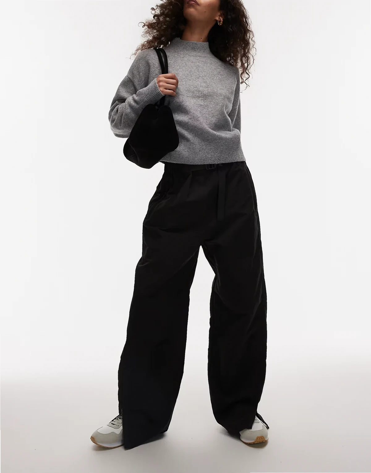tech nylon baggy utlility pants with zippered hem detail in black