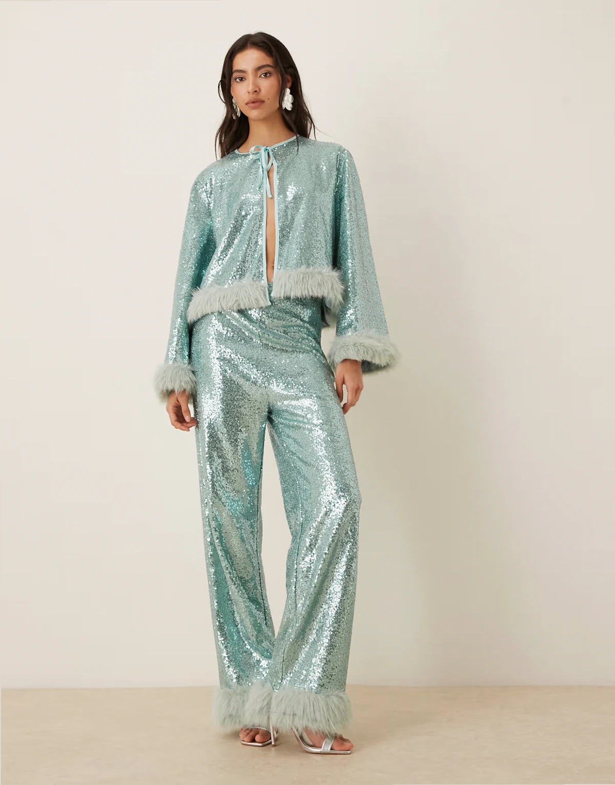 Disco Darling sequin faux fur trim pants in green - part of a set