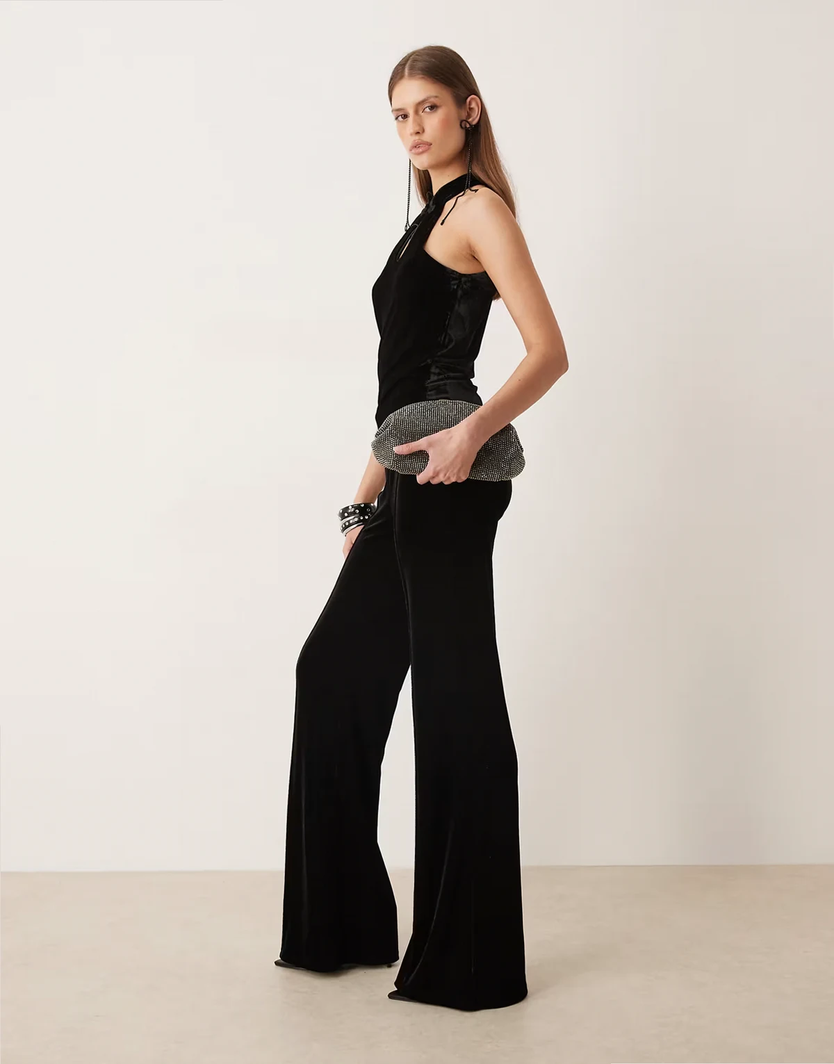 velvet kick flare pants in black - part of a set