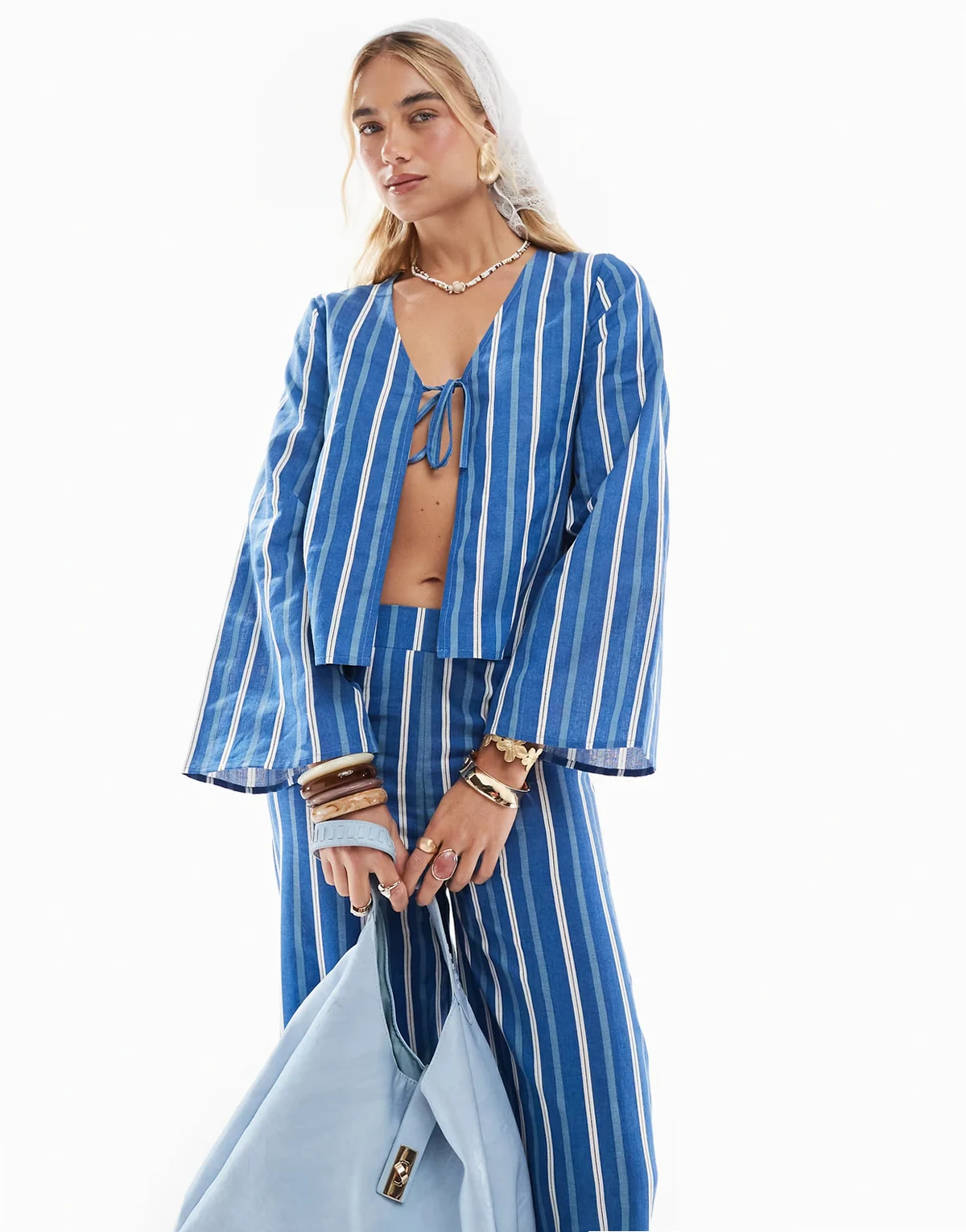 Esmee Exclusive tie front beach top with angel sleeve in blue stripe