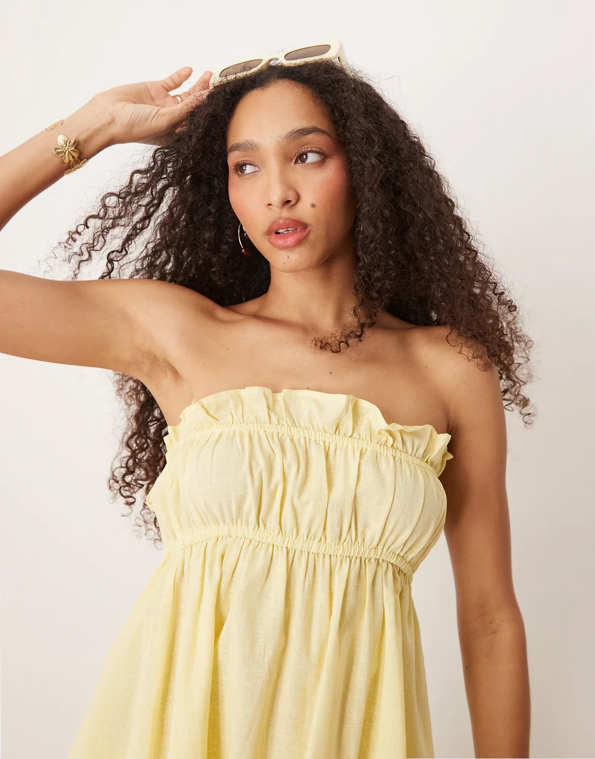 Esmee Exclusive ruched bandeau linen look top in butter yellow