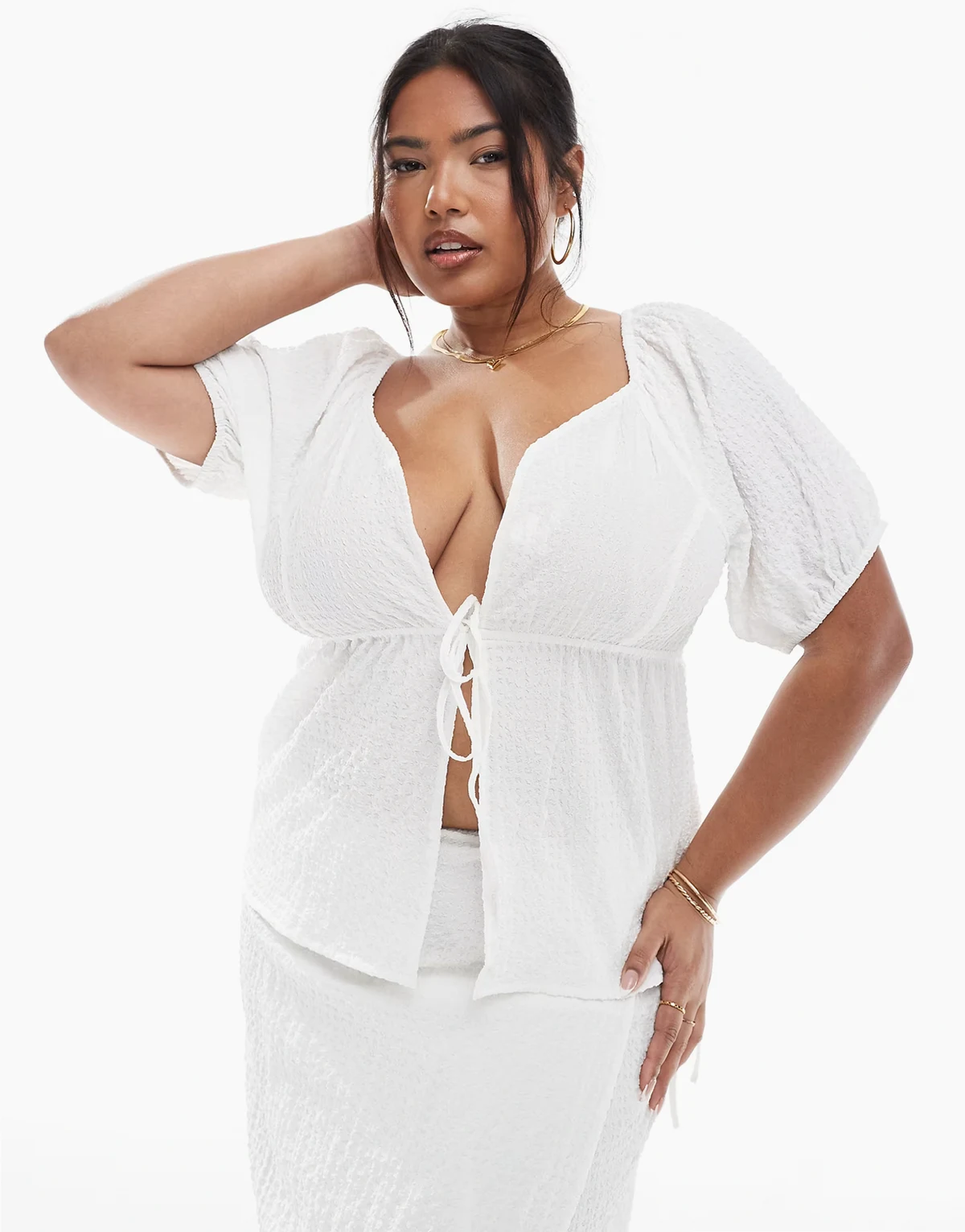 Esmée Curve Exclusive puff sleeve tie front beach top in white