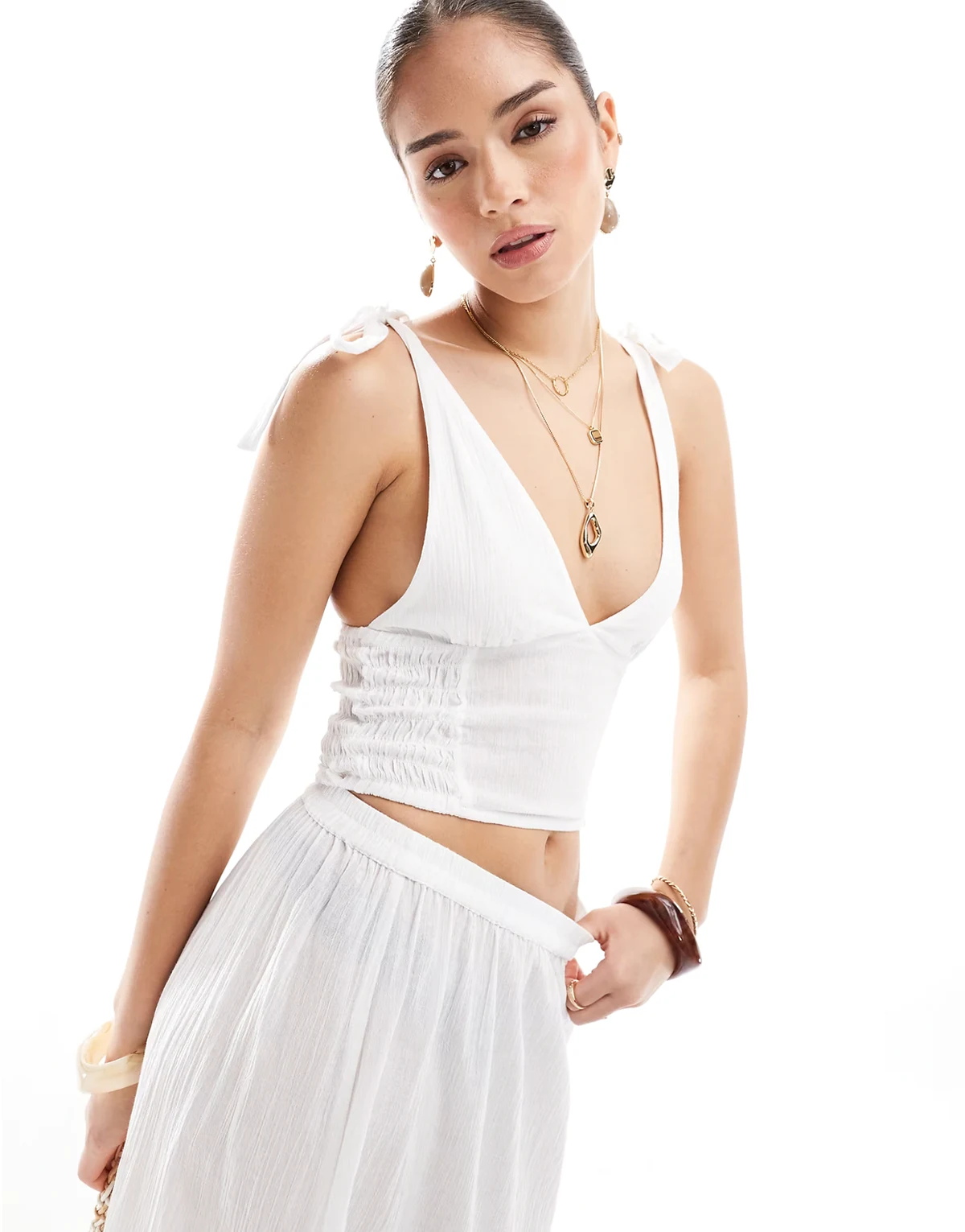Esmee Exclusive tie strap with frill hem detail crop beach top in white