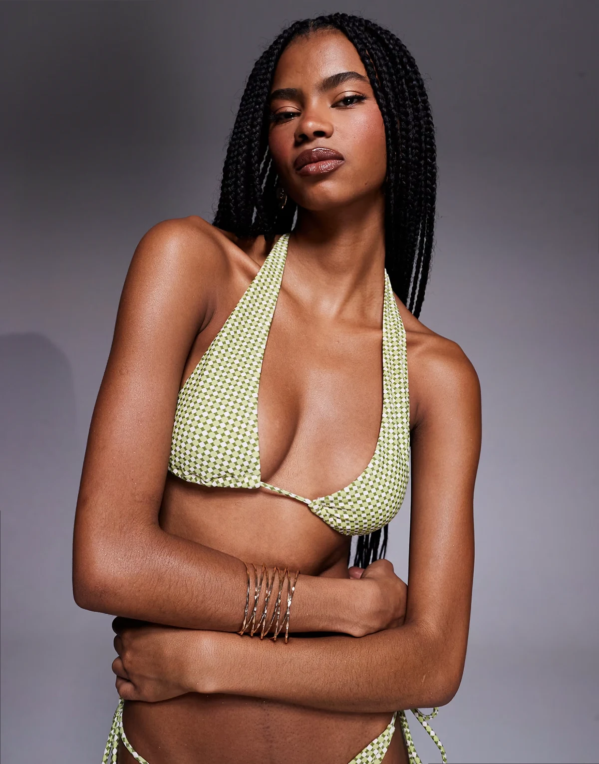 geometric print halterneck bikini top in green multi