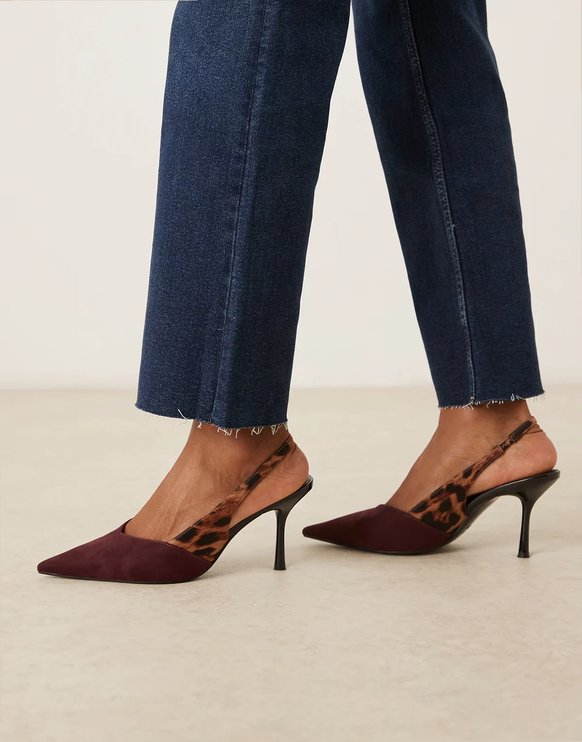 Wide Fit – Sabrina – Bordowe buty na szpilce z paskiem za piętą w panterkę