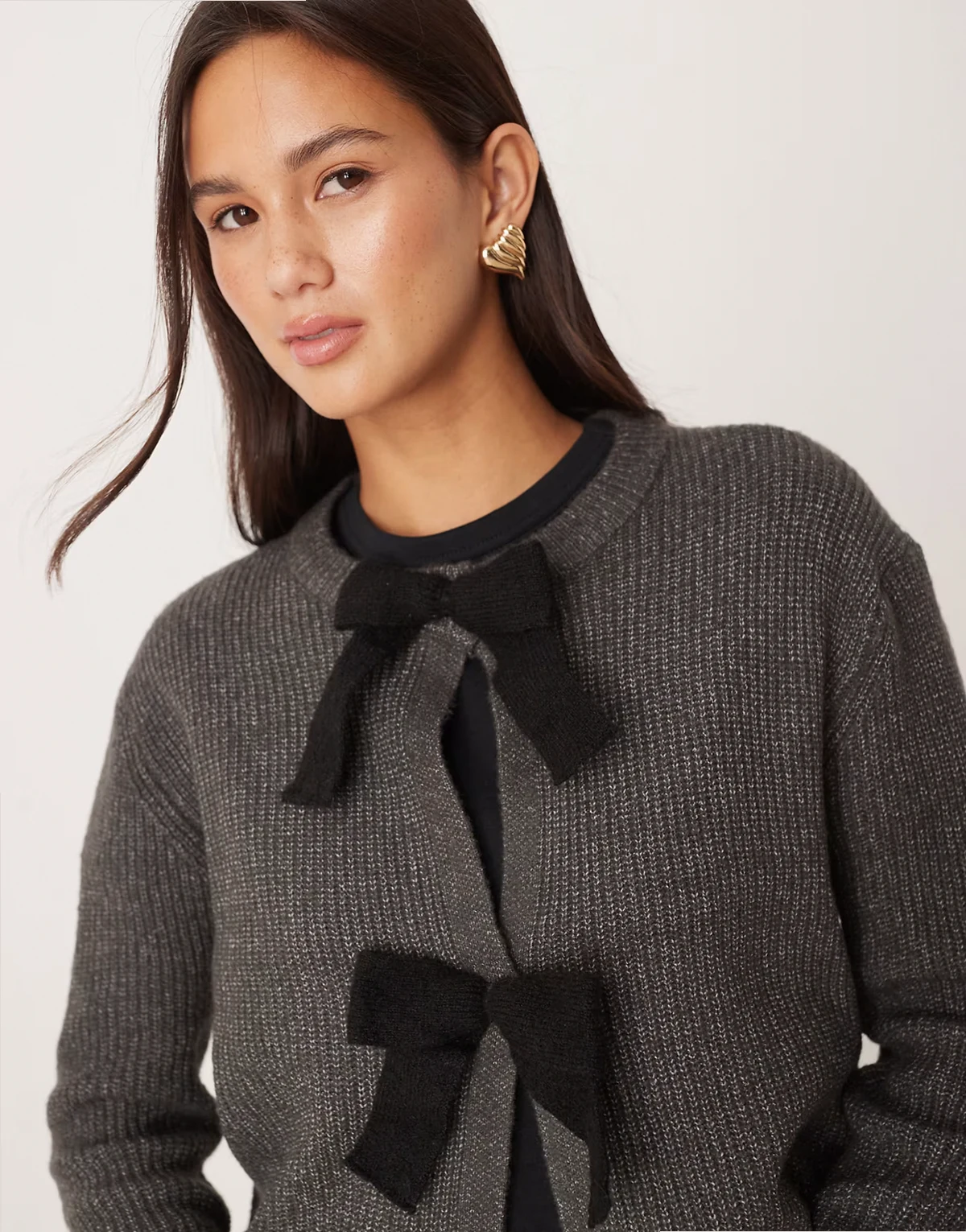 cardigan with velvet bow detail in charcoal