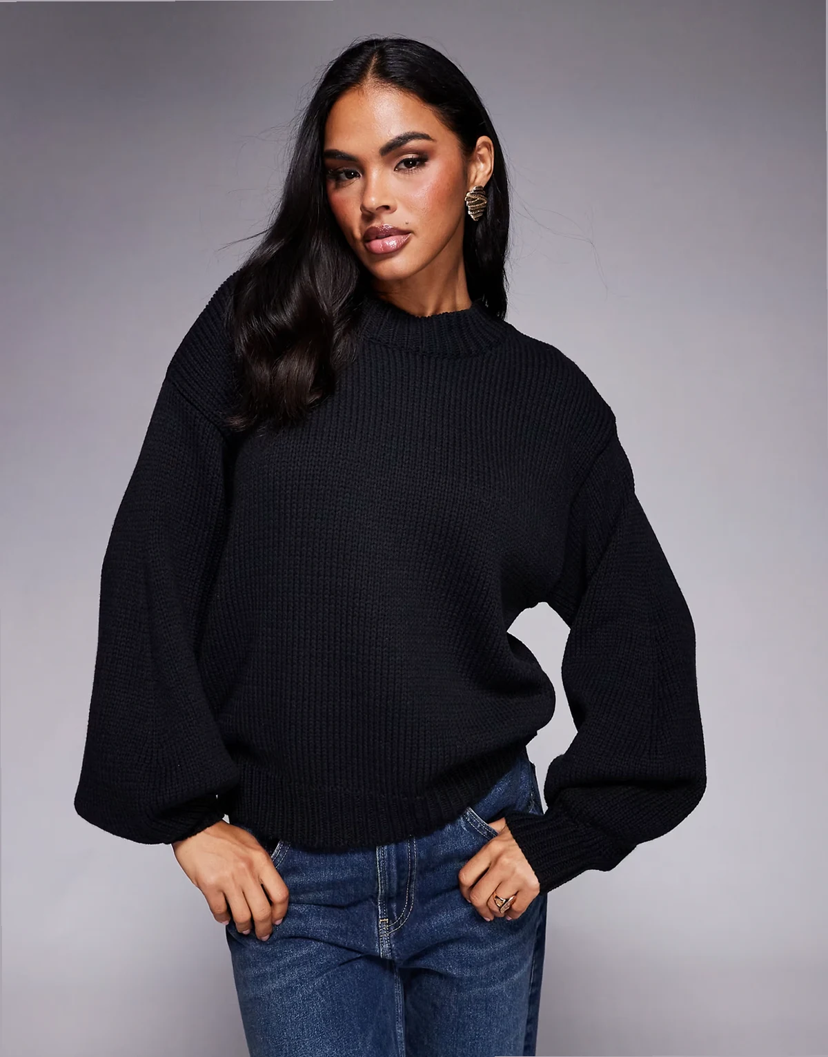 Harmony balloon sleeve slouchy sweater in black