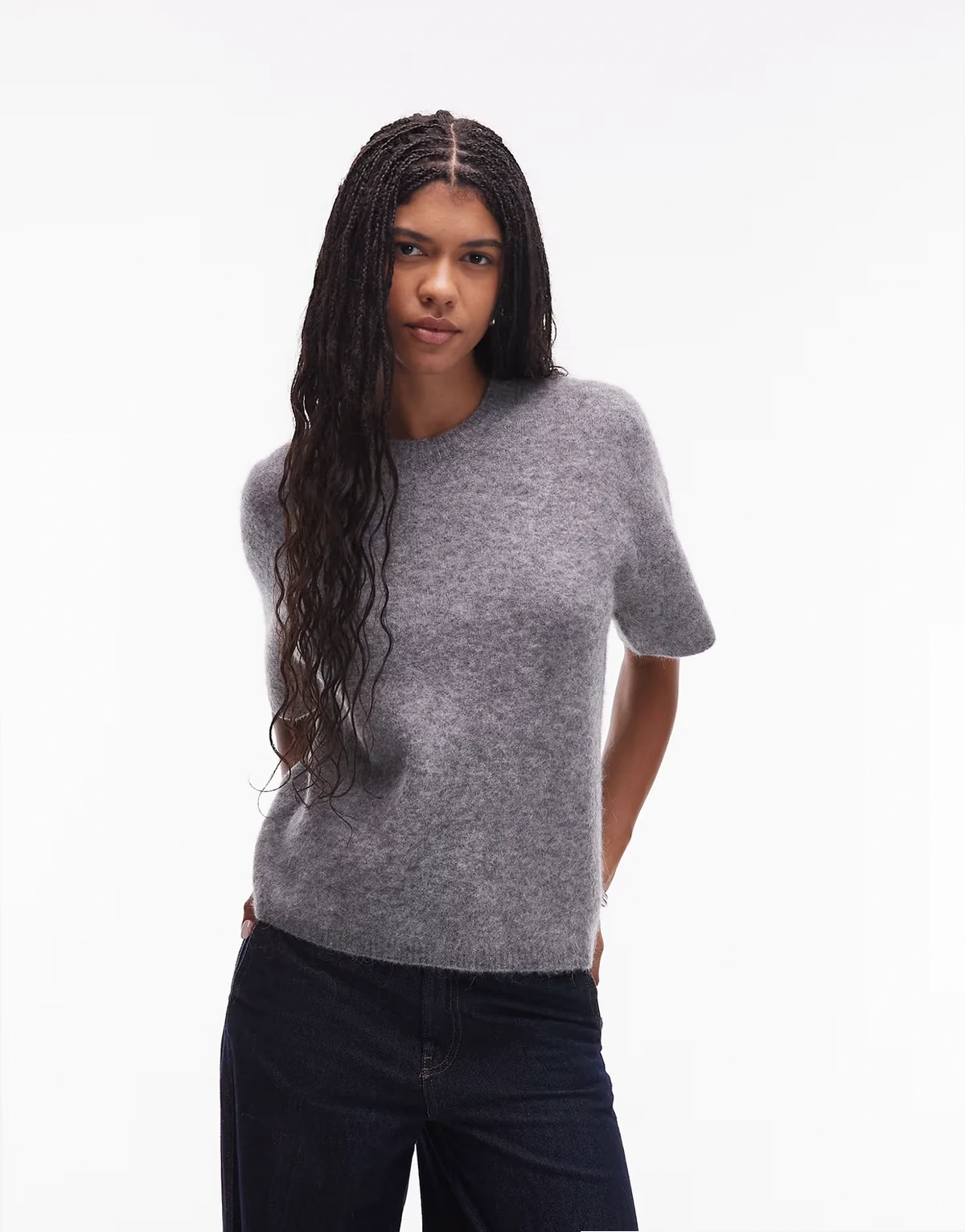 – Kurzärmliger Pullover in Grau aus Alpaka-Woll-Mix