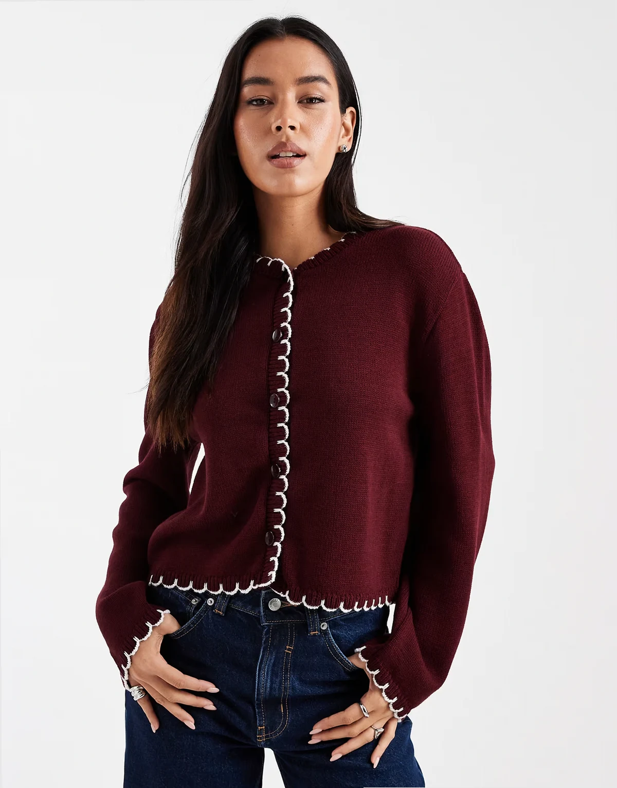 – Strickjacke in Pflaume mit Languettenstich