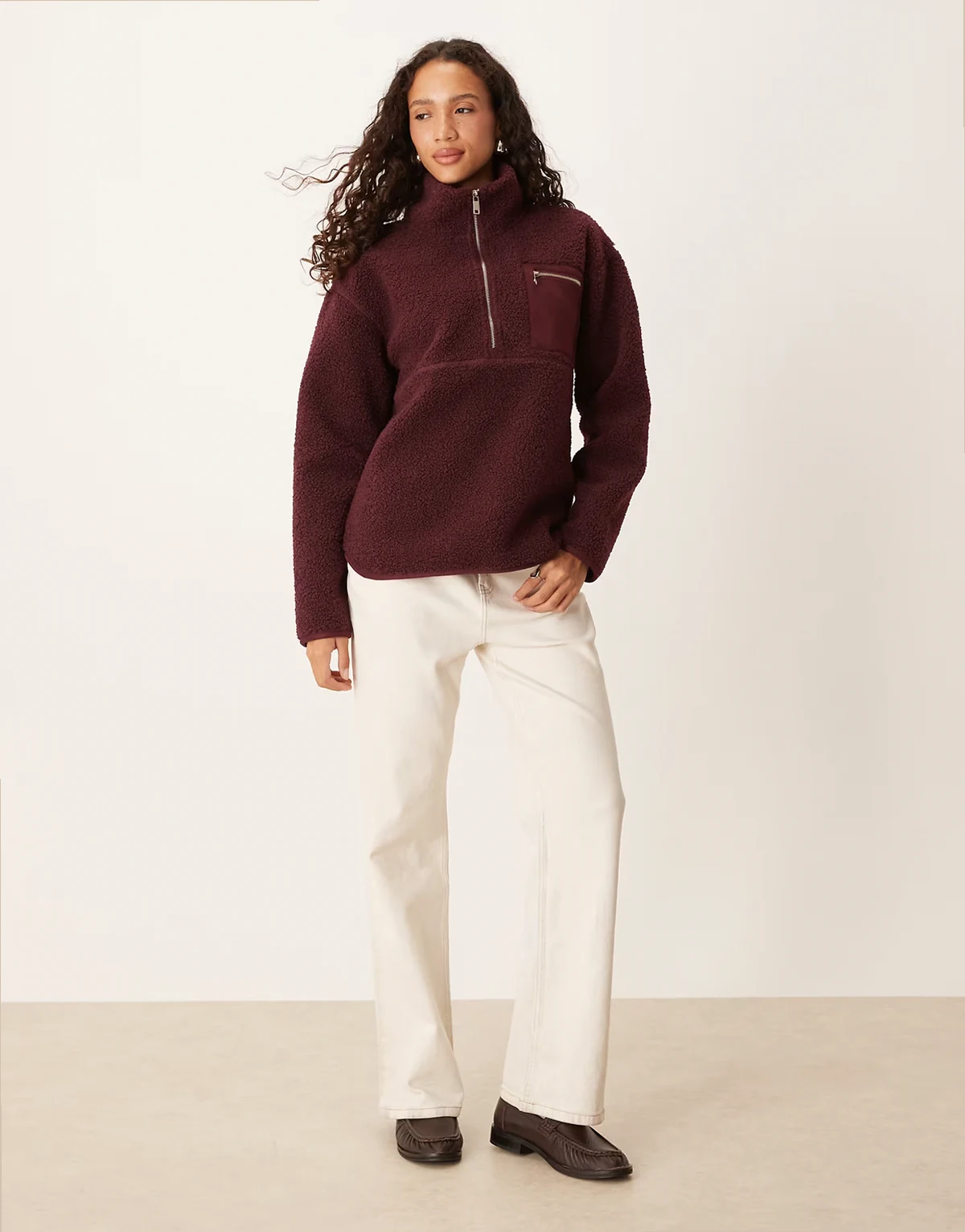 teddy 1/4 zip fleece sweater with pocket detail in fig