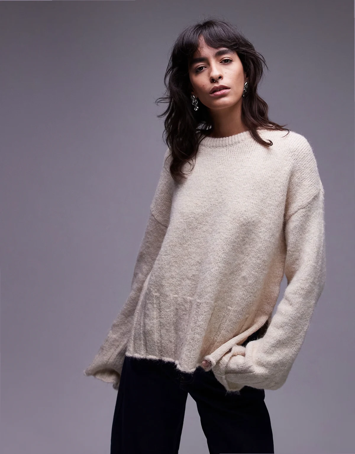 wide sleeve knit sweater with wool in ecru