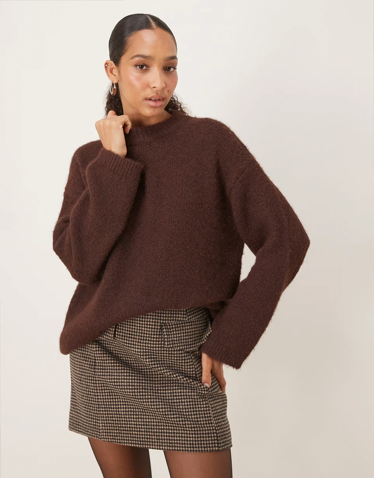 fluffy knit crewneck relaxed sweater in brown
