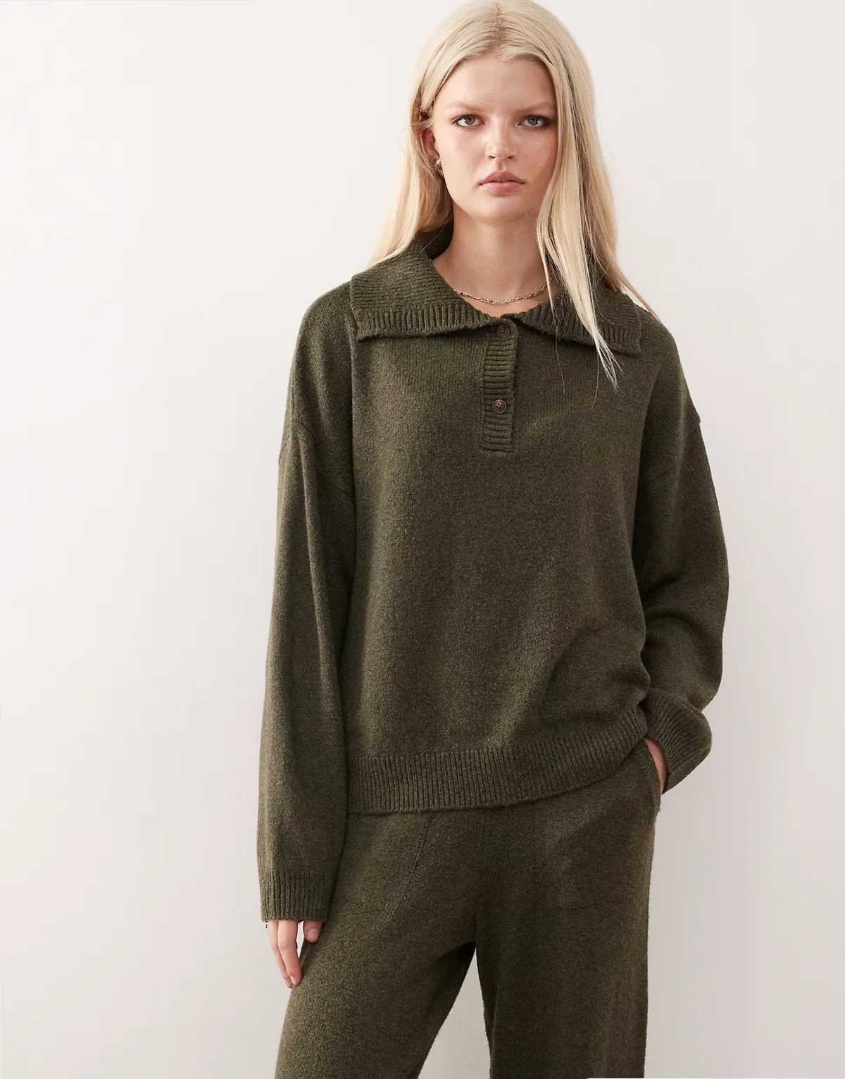 knit oversized button up sweater in khaki - part of a set