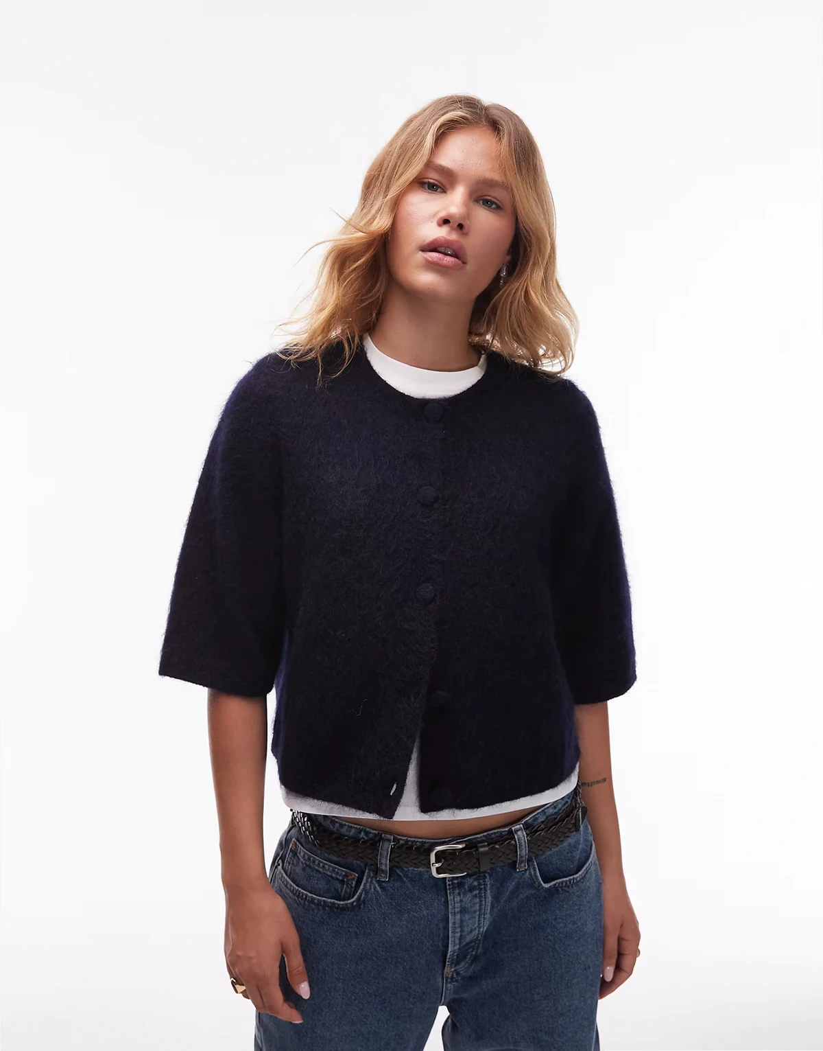 – Kurzärmlige Strickjacke aus Mohairmix in Blau