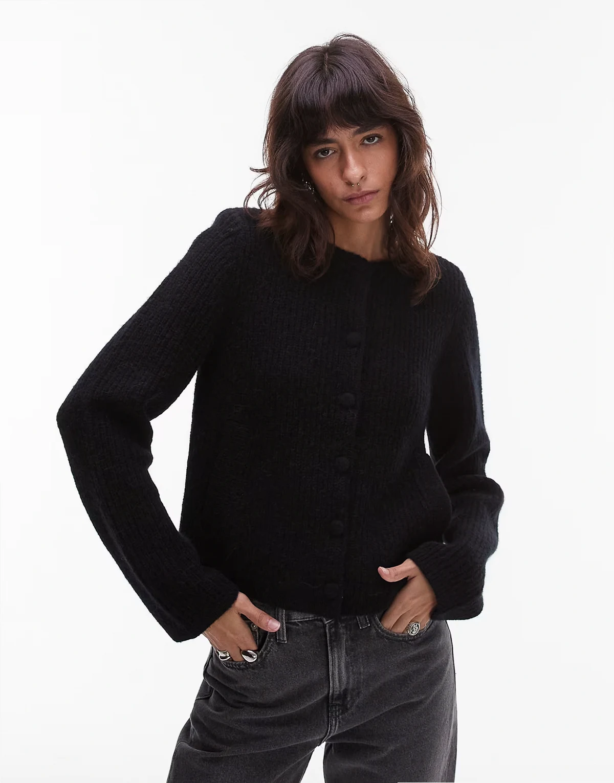 – Strickjacke aus Alpaka und Wolle mit Paspeltaschen in Schwarz, exklusiv bei ASOS