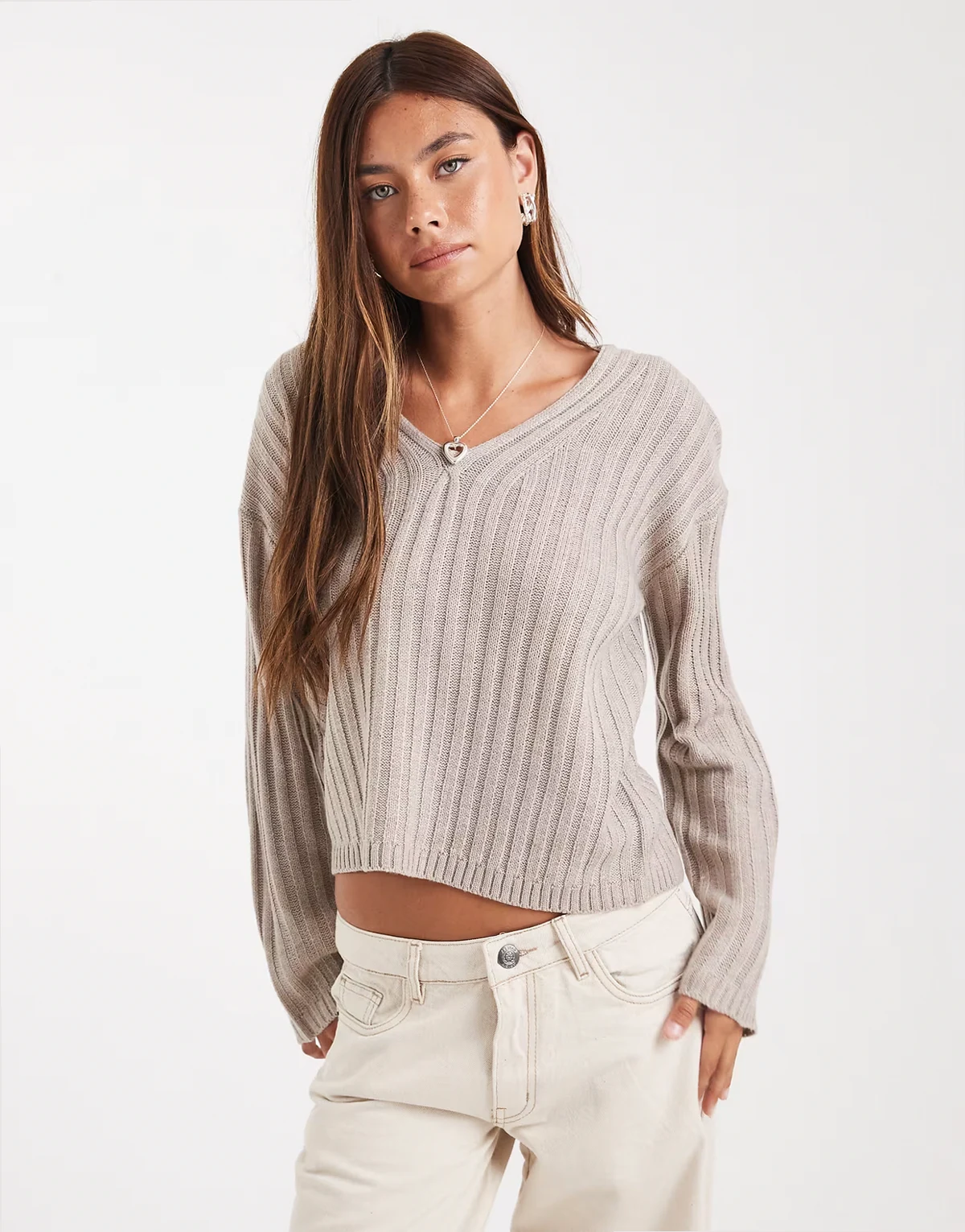 ribbed v-neck sweater in taupe