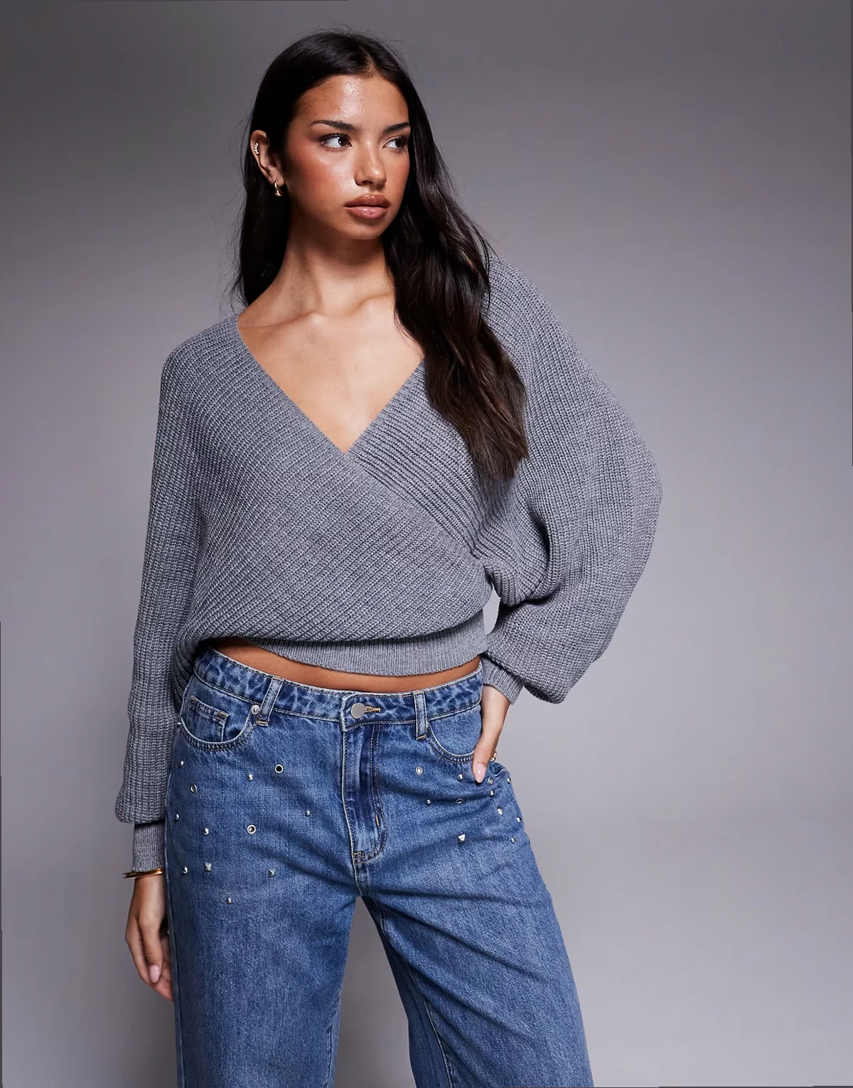 Raven ribbed knit off shoulder wrap front balloon sleeve knit sweater in gray