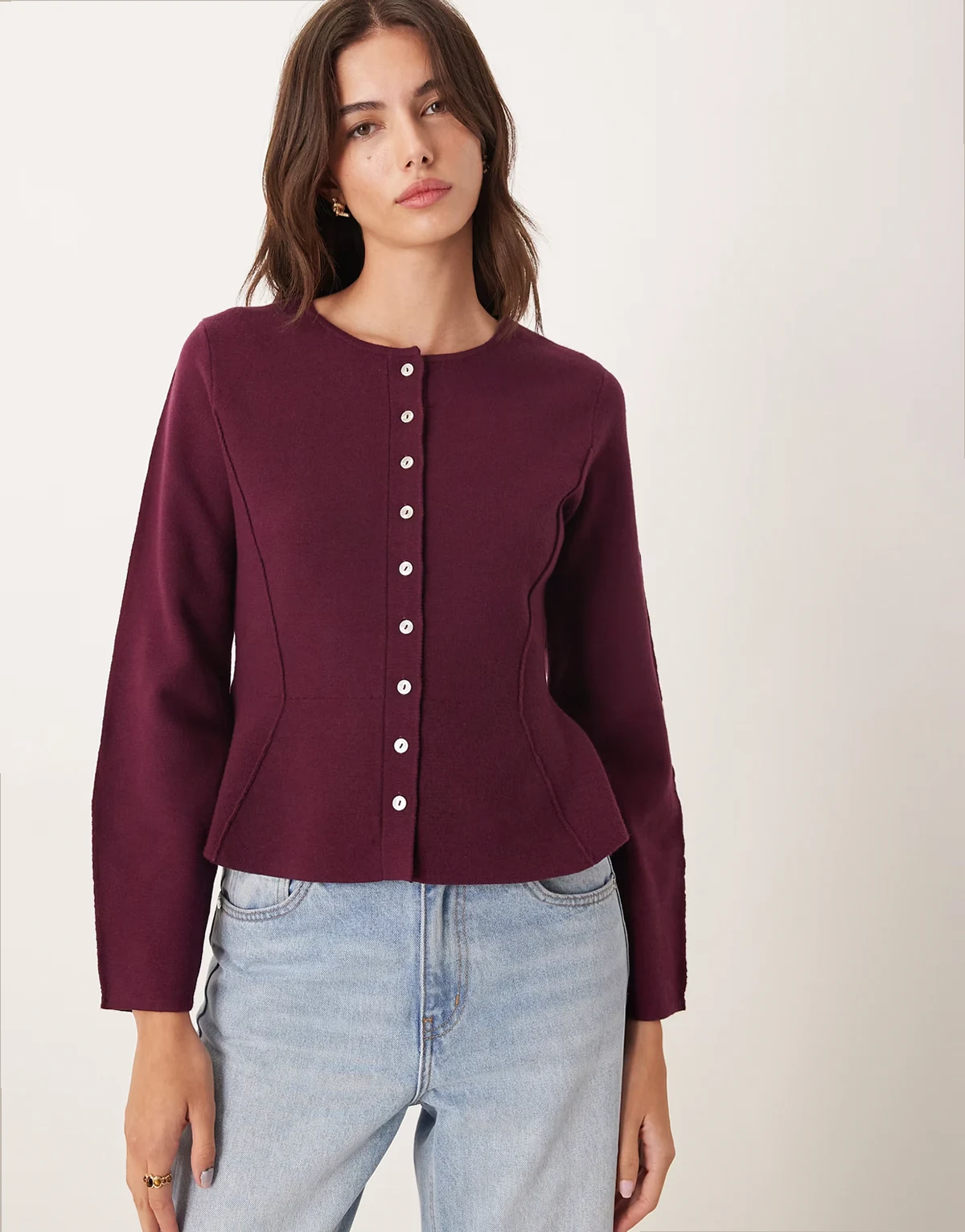 crew neck peplum waist cardigan in plum